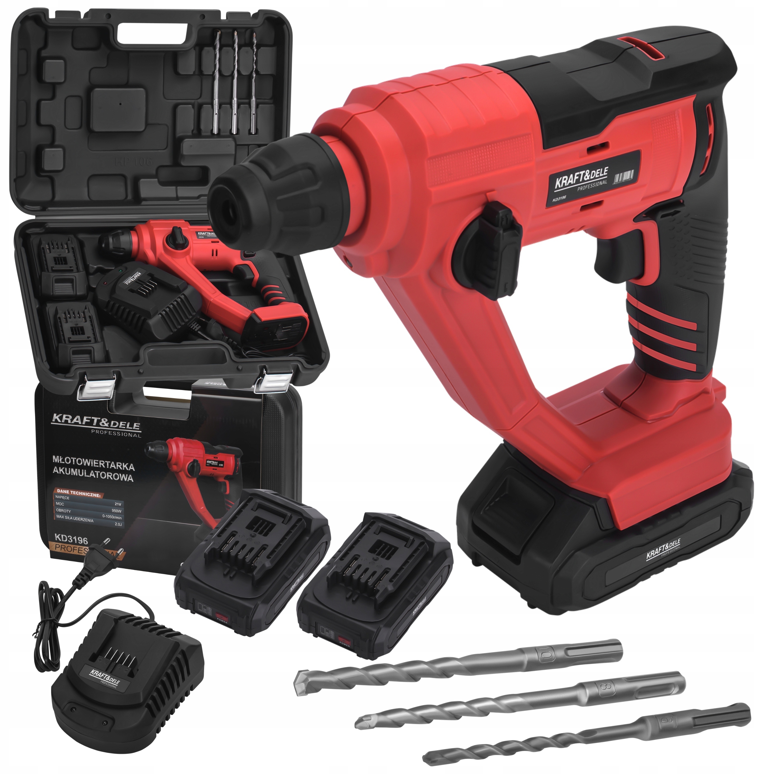 MŁOT UDAROWY 2J BEZSZCZOTKOWY 2x4Ah AKUMULATOR 21V WALIZKA 3 WIERTŁA KD3196