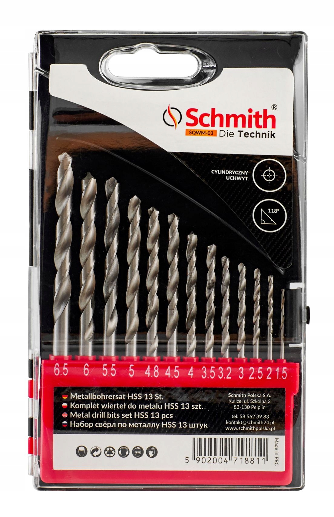 SCHMITH ZESTAW WIERTEŁ DO METALU HSS STALI TWORZYW 13SZT WIERTŁA 1,5-6,5MM