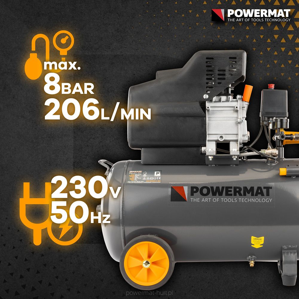 KOMPRESOR OLEJOWY 50L SPRĘŻARKA POWIETRZA 8 BAR 206 l/min 230V 1,85kW