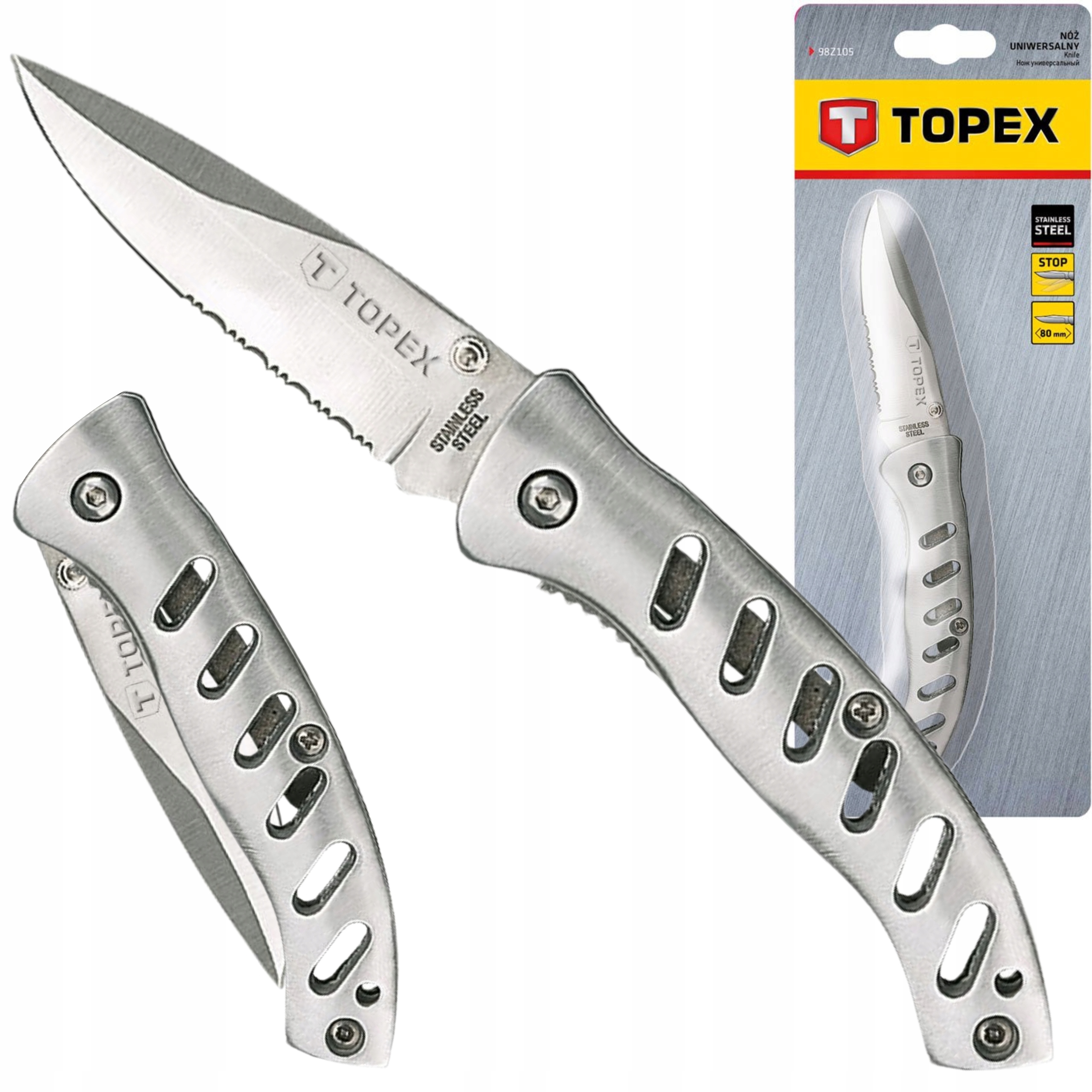 TOPEX NÓŻ UNIWERSALNY OSTRZE STAL NIERDZEWNA 80 MM SKŁADANY SURVIVAL 98Z105