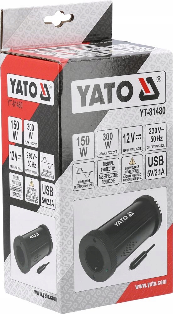 YATO SAMOCHODOWA PRZETWORNICA PRĄDU STAŁEGO NAPIĘCIA 12V/230V 150W ZASILACZ