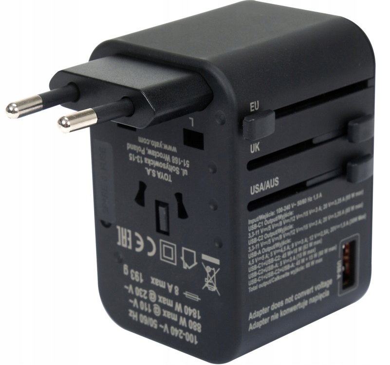 YATO ADAPTER ZASILACZ PODRÓŻNY DO PONAD 150 KRAJÓW USB-C PD 65W YT-81303