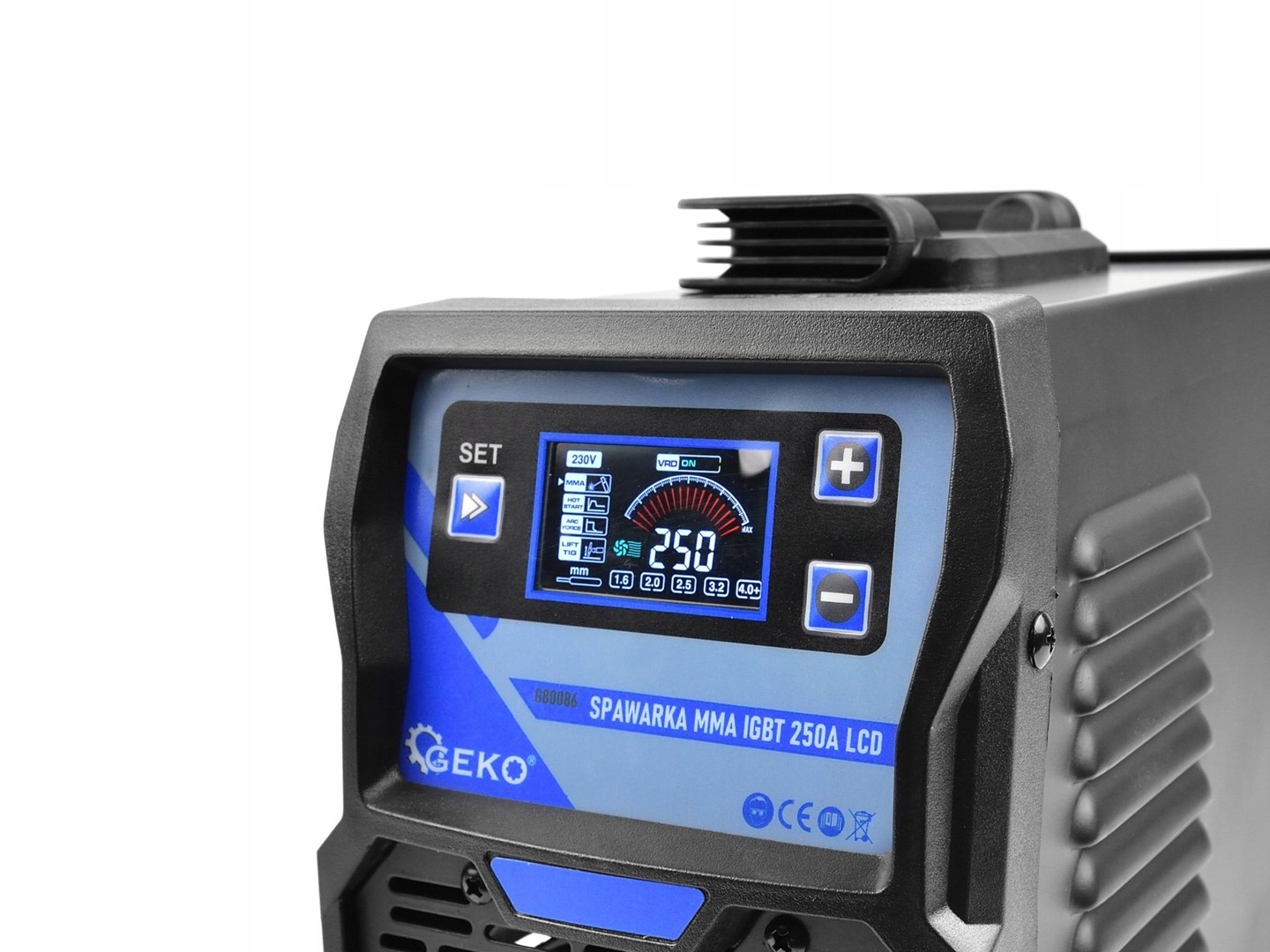 SPAWARKA INWERTOROWA MMA IGBT 20-250A LCD 7,1 kVA 230V ELEKTRODY 1,6-4,0 mm