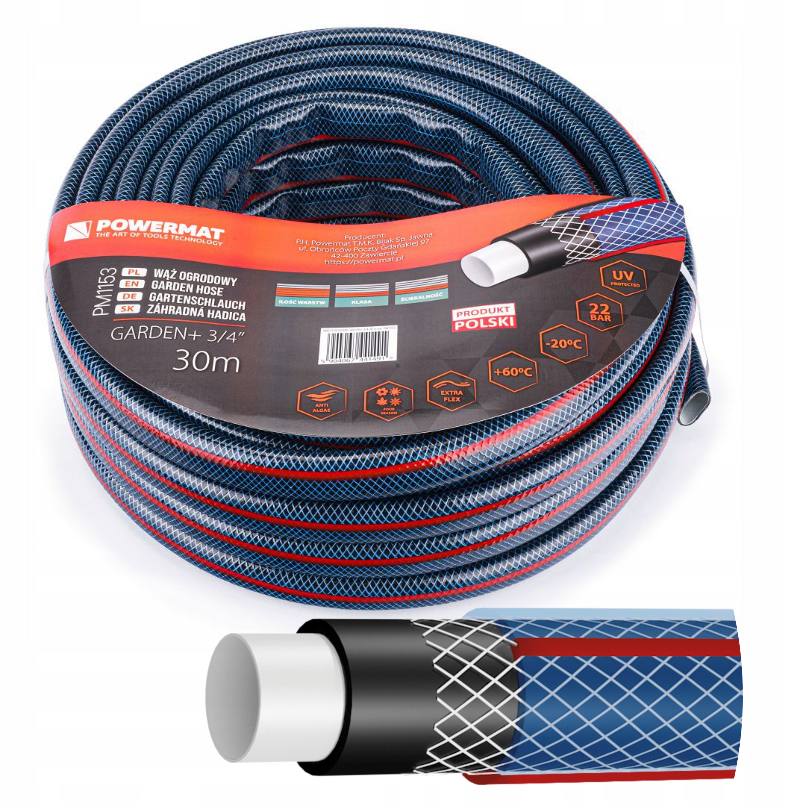 WĄŻ OGRODOWY 4-WARSTWOWY DO PODLEWANIA 22BAR 3/4'' 30M PRODUKT POLSKI