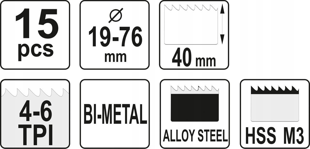 YATO ZESTAW OTWORNICE BIMETALOWE BI-METAL DO METALU DREWNA 19-76mm 15 EL.