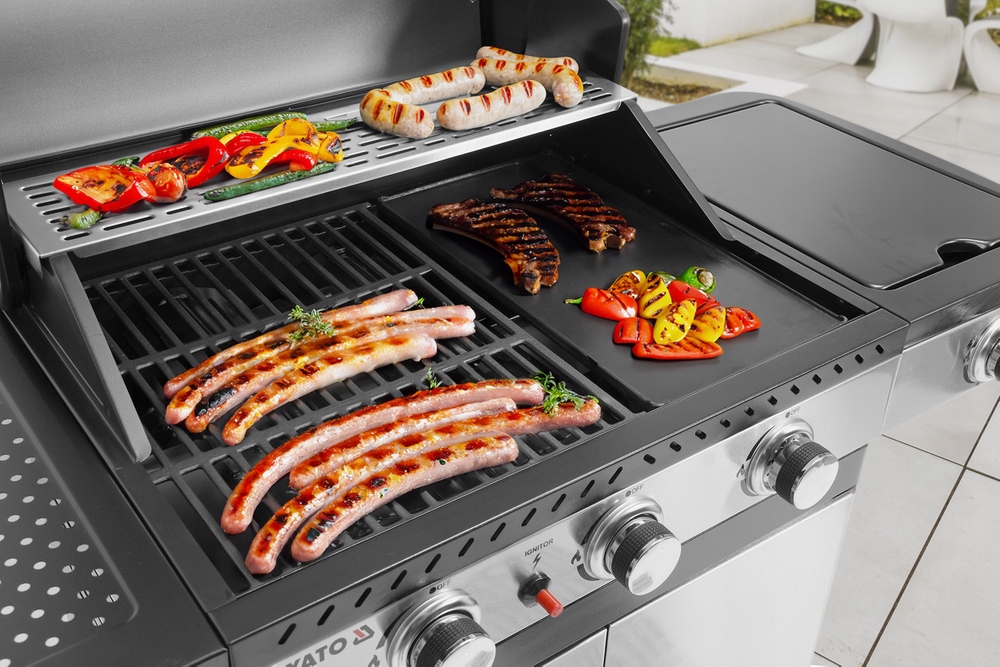 YATO GRILL GAZOWY 3+1 STAL NIERDZEWNA 11,2KW Z MIEJSCEM NA BUTLE YG-20018