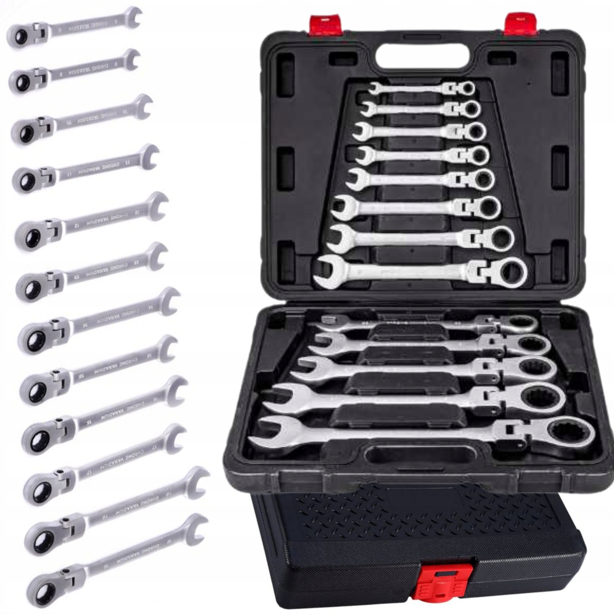 KLUCZE PŁASKO OCZKOWE Z GRZECHOTKĄ ŁAMANE 8-19MM 12 SZTUK W WALIZCE ZESTAW
