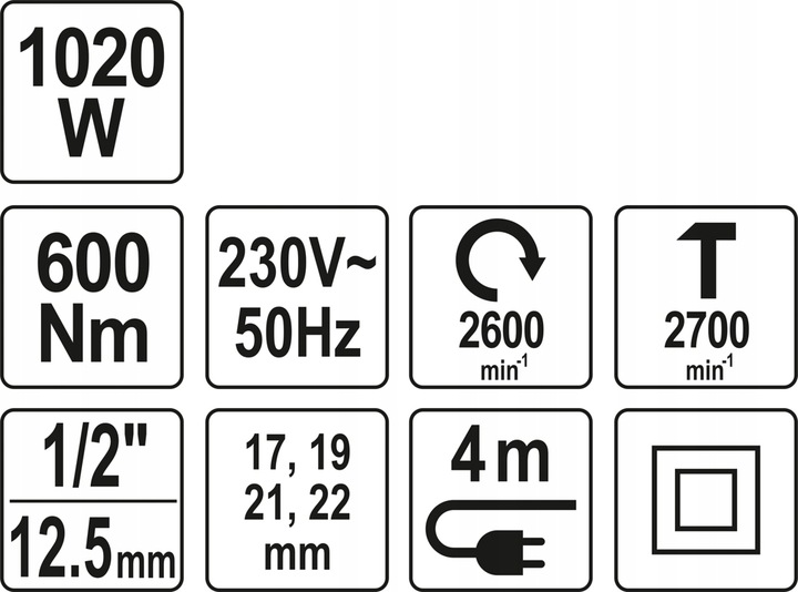 YATO ELEKTRYCZNY KLUCZ UDAROWY 600Nm 1020W 1/2" + NASADKI 17-22mm YT-82021
