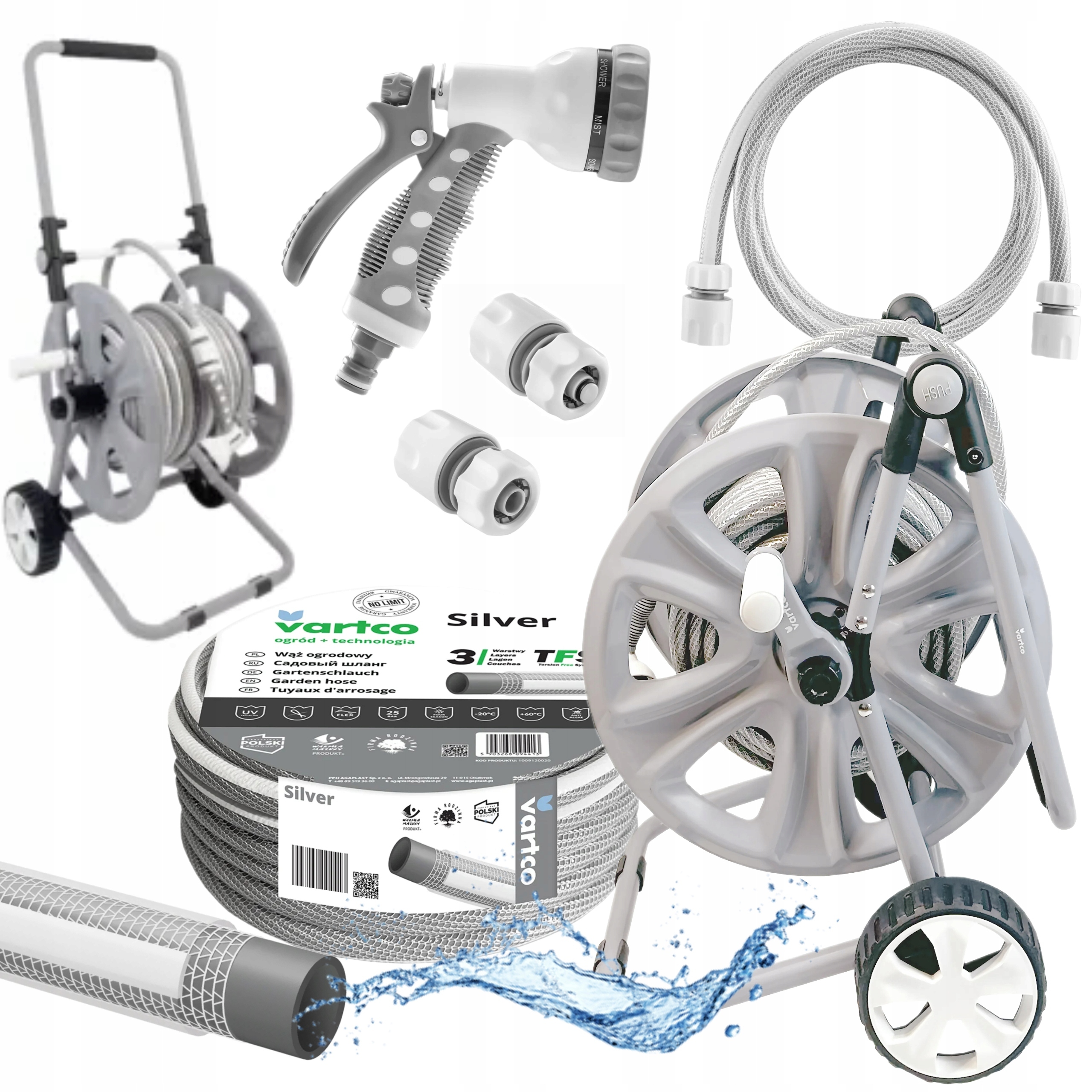 ZESTAW WÓZEK STOJAK BĘBEN + WĄŻ OGRODOWY TFS 1/2" 30MB ZRASZACZ +3 xZŁĄCZKA