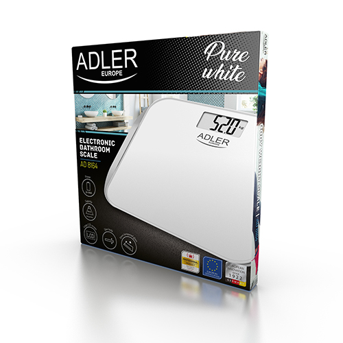 ADLER WAGA ŁAZIENKOWA SZKLANA DO 180KG/100G LCD ELEKTRONICZNA BATERIE BIAŁA