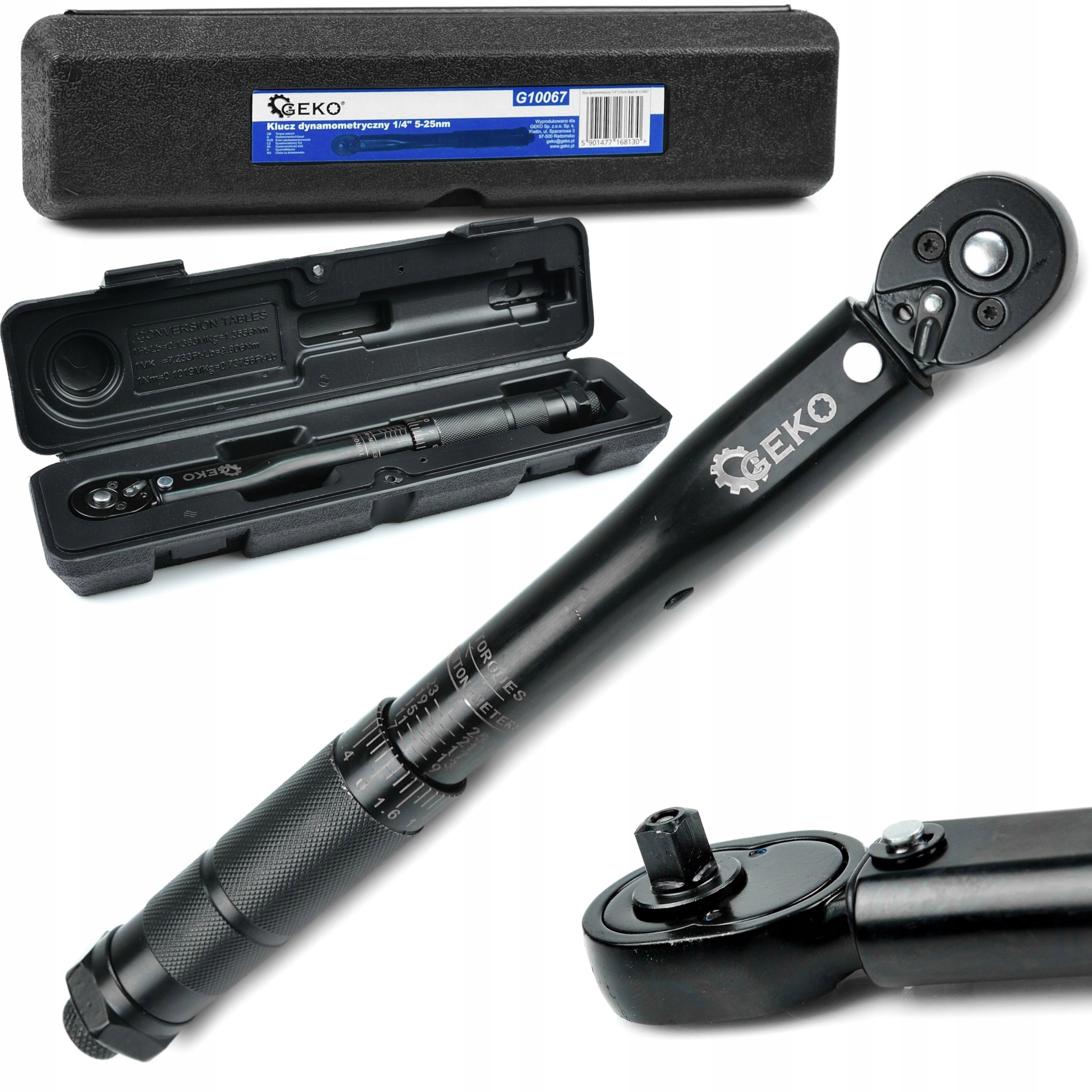 GEKO KLUCZ DYNAMOMETRYCZNY 1/4" 5-25NM BLACK HD 270mm WALIZKA G10067