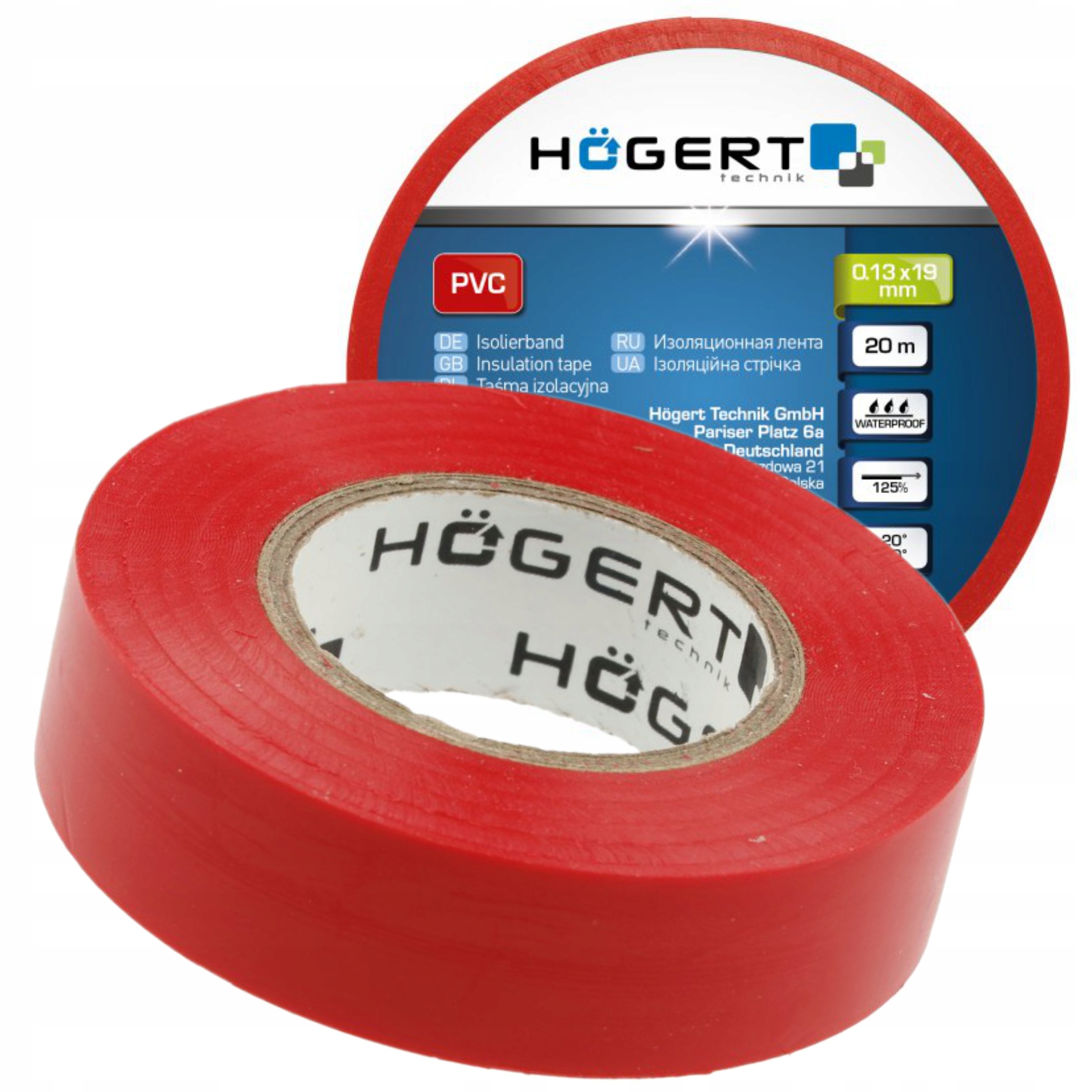HOGERT TASMA IZOLACYJNA PVC CZERWONA 20m 0,13x19mm WATERPROOF HT1P282