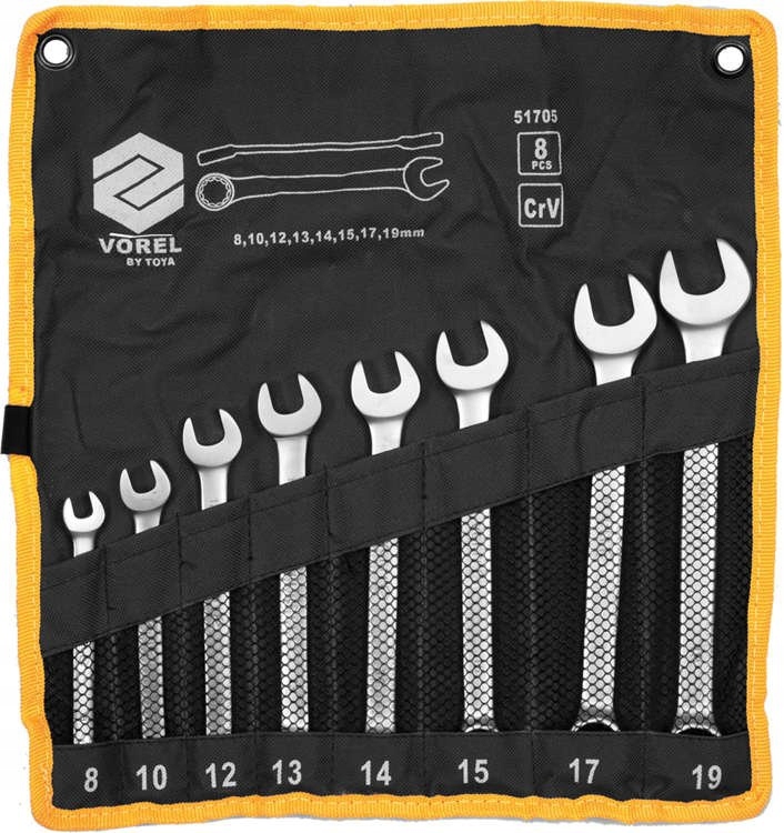 VOREL KOMPLET KLUCZE PŁASKO OCZKOWE CRV 8-19MM ZESTAW 8 SZTUK PŁACHTA 51705