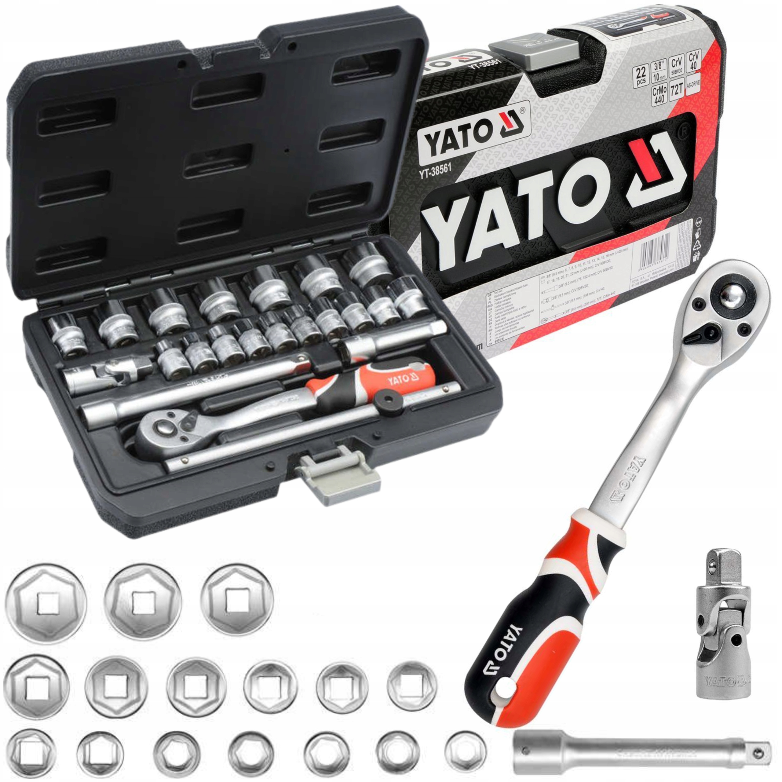 ZESTAW KLUCZY NASADOWYCH KLUCZE NASADOWE YATO 3/8'''' 22 SZTUKI YT-38561