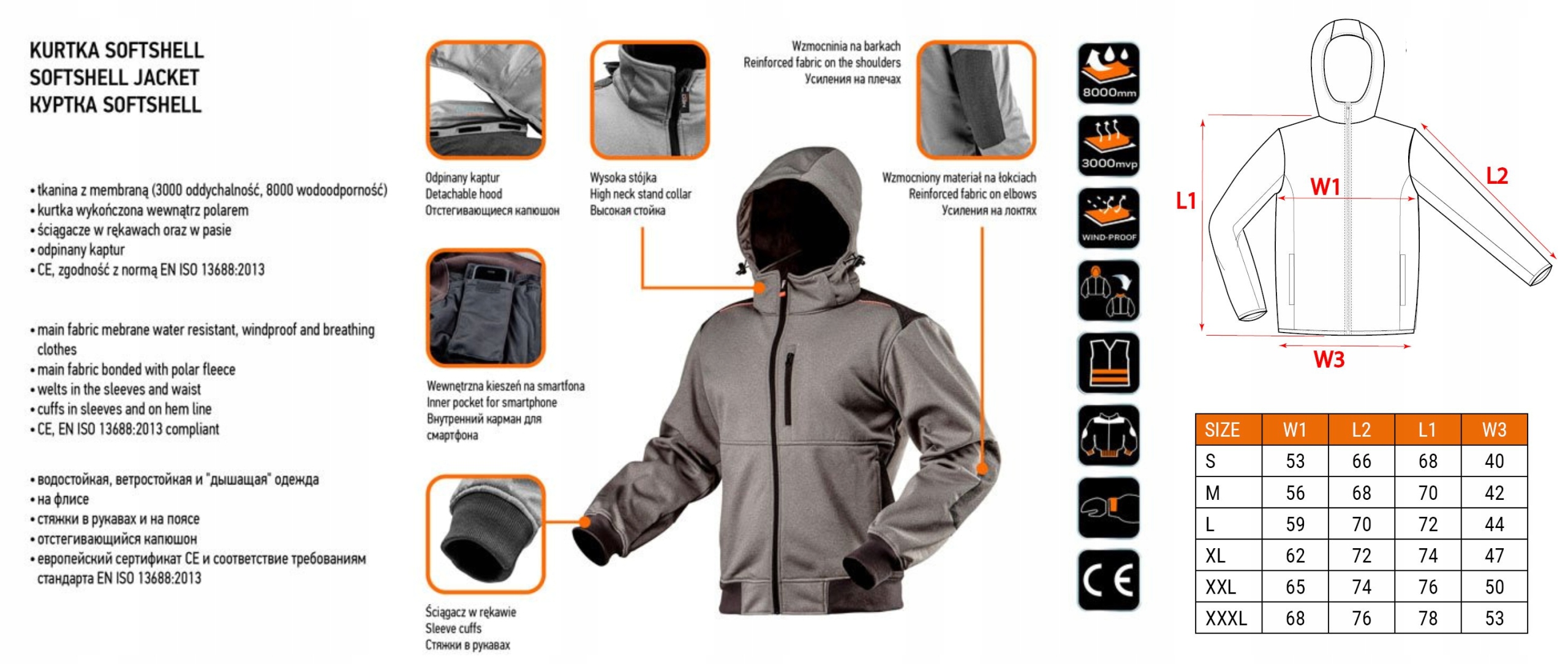 NEO KURTKA ROBOCZA SOFTSHELL KAPTUR ODPINANY WODOODPOR 8000mm 81-551 M/50