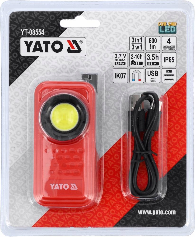 YATO LATARKA ROBOCZA AKUMULATOROWA LED 8W 600lm 3w1 4TRYBY ŚWIECENIA 08554