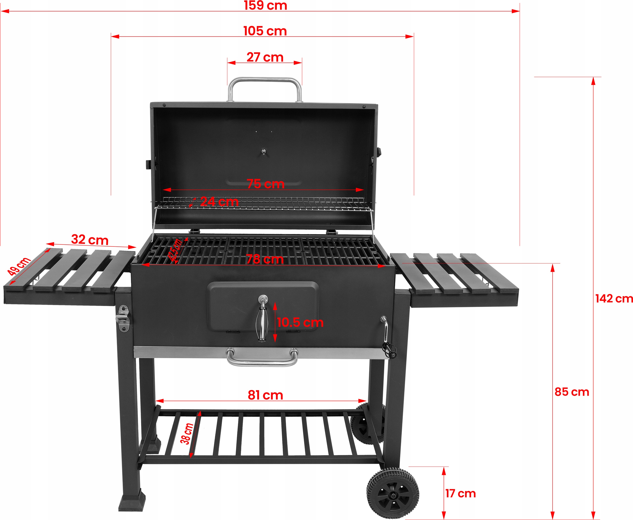 GRILL OGRODOWY WĘGLOWY REGULOWANY BBQ ZAMYKANA POKRYWA DUŻY RUSZT 3 PÓŁKI