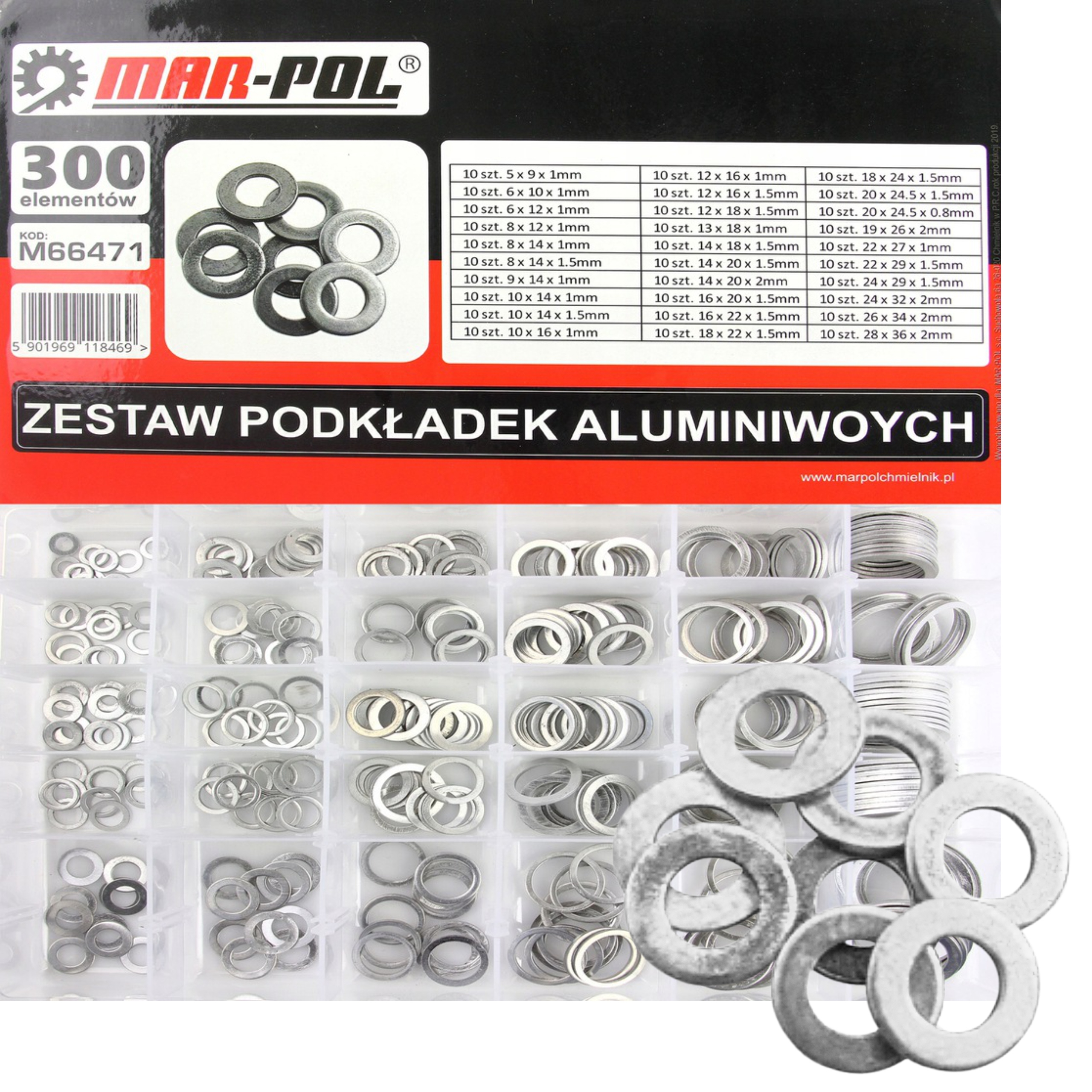 MAR-POL ZESTAW PODKŁADEK ALUMINIOWYCH 300EL 30 ROZMIARÓW ORGANIZER M66471