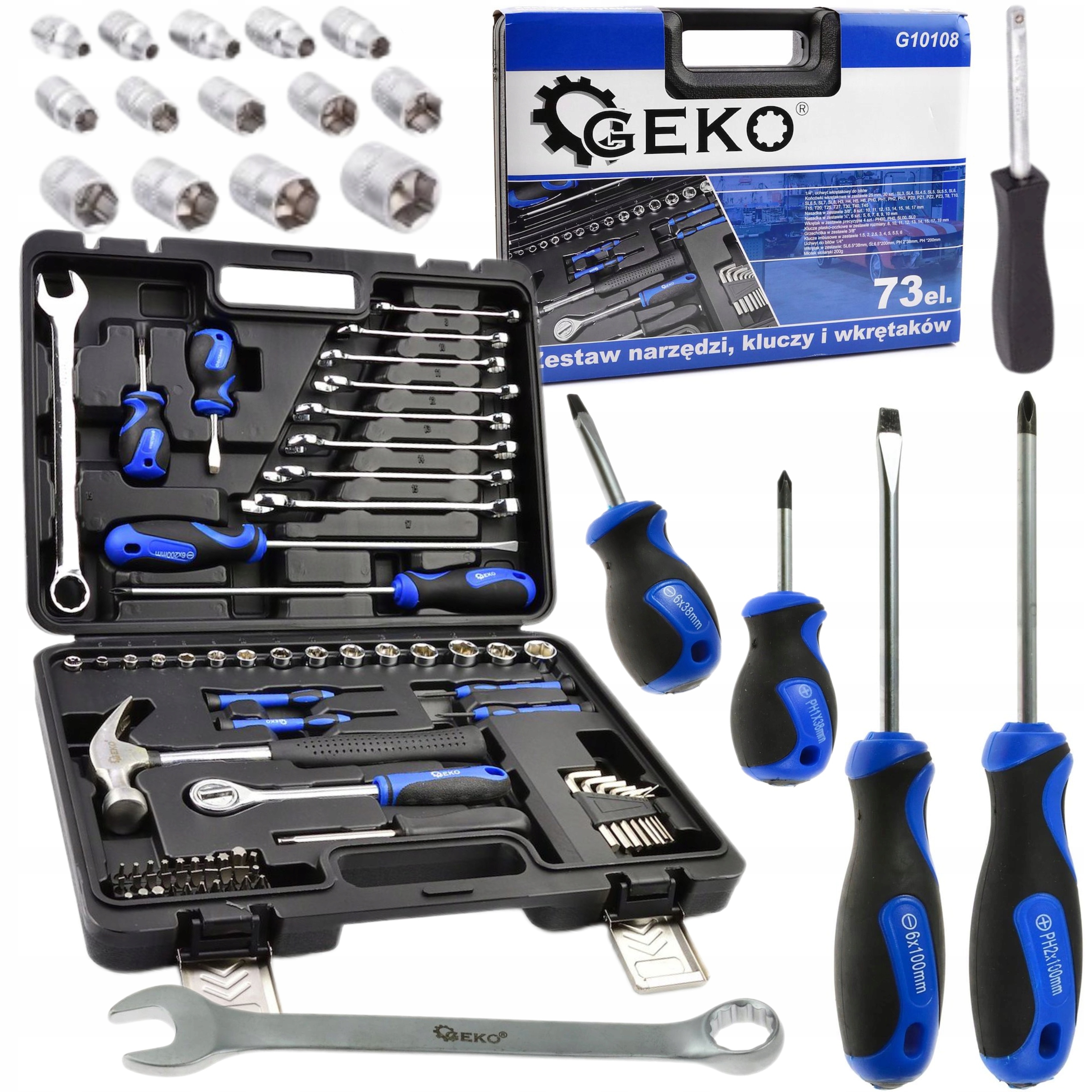 ZESTAW NARZĘDZI, KLUCZY I WKRĘTAKÓW 73EL. WALIZKA G10108 GEKO