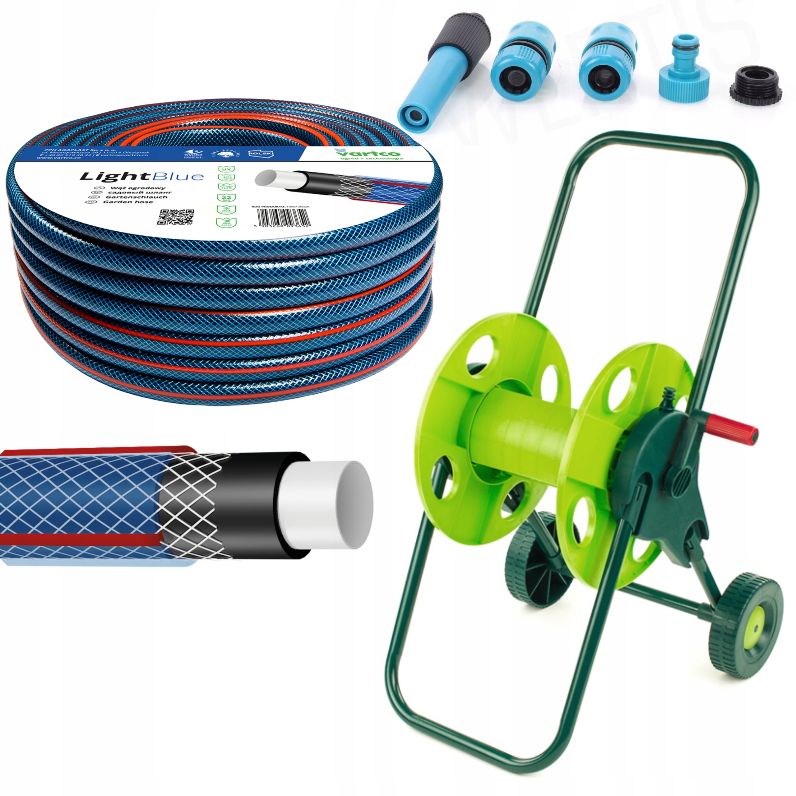 WÓZEK NA WĄŻ + WĄŻ OGRODOWY 4-WARSTWOWY 3/4 30M + ZESTAW KOŃCÓWEK POLSKI