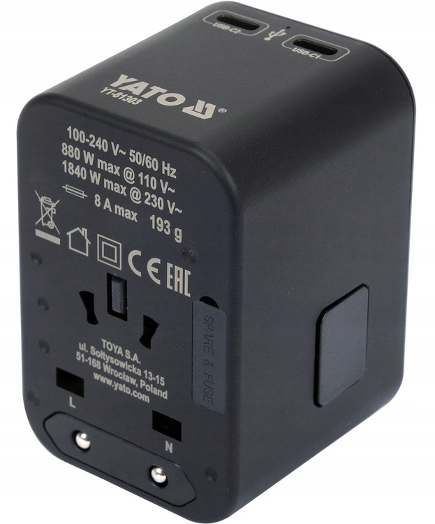 YATO ADAPTER ZASILACZ PODRÓŻNY DO PONAD 150 KRAJÓW USB-C PD 65W YT-81303