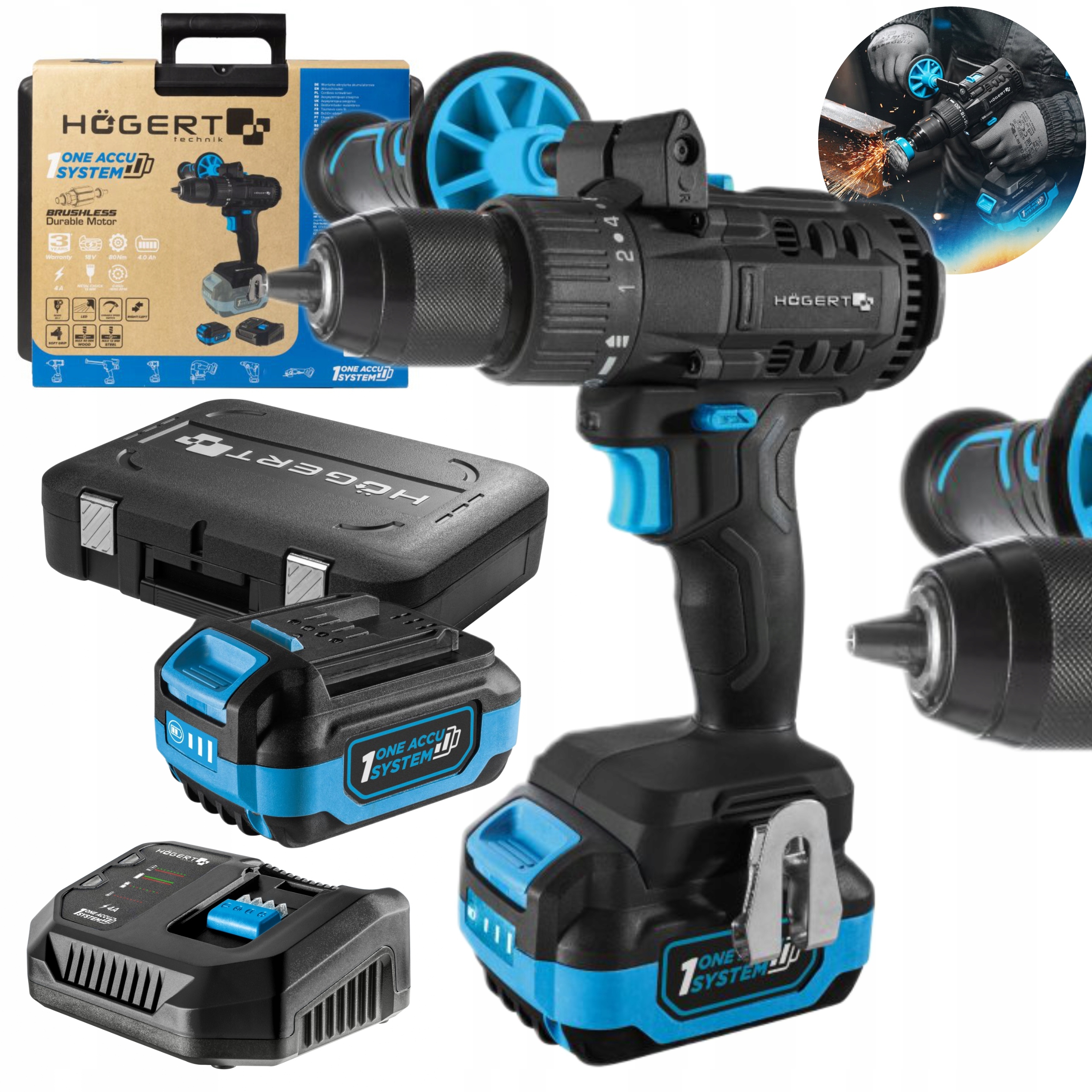 HOEGERT ZESTAW WIERTARKO WKRĘTARKA 80NM 4Ah AKUMULATOR 18V WALIZKA HT2E246