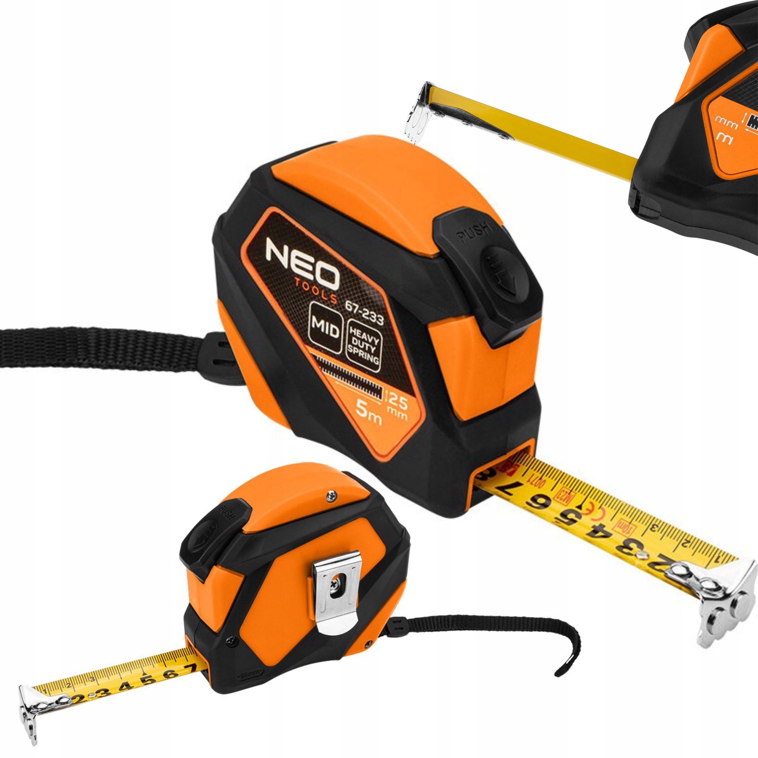 NEO 67-233 MIARA ZWIJANA STALOWA 5m X25mm AUTO BLOKADA PRZYCISK STOP MAGNES