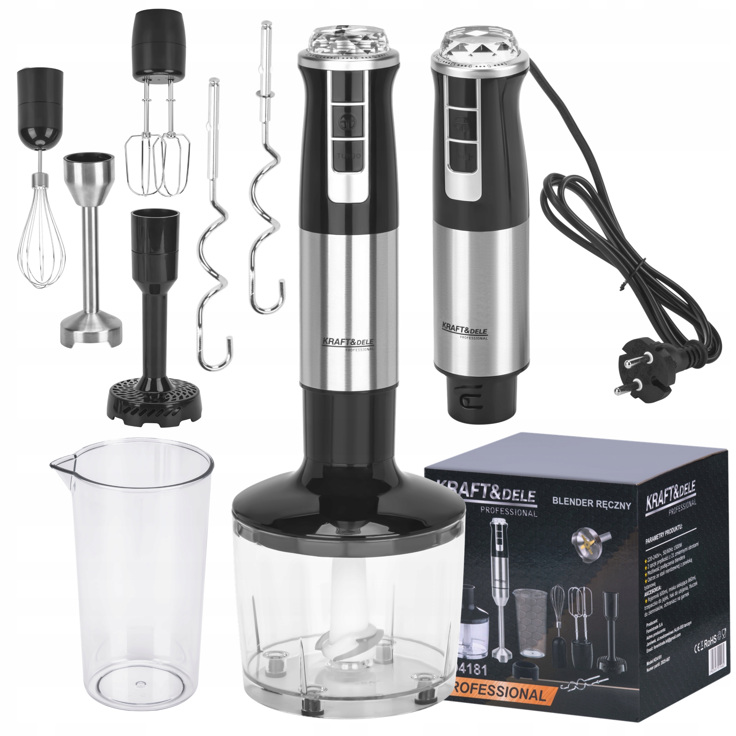 KRAFTDELE BLENDER 1500W + AKCESORIA 7 el. SREBRNY 21 TRYBÓW PRACY KD4181
