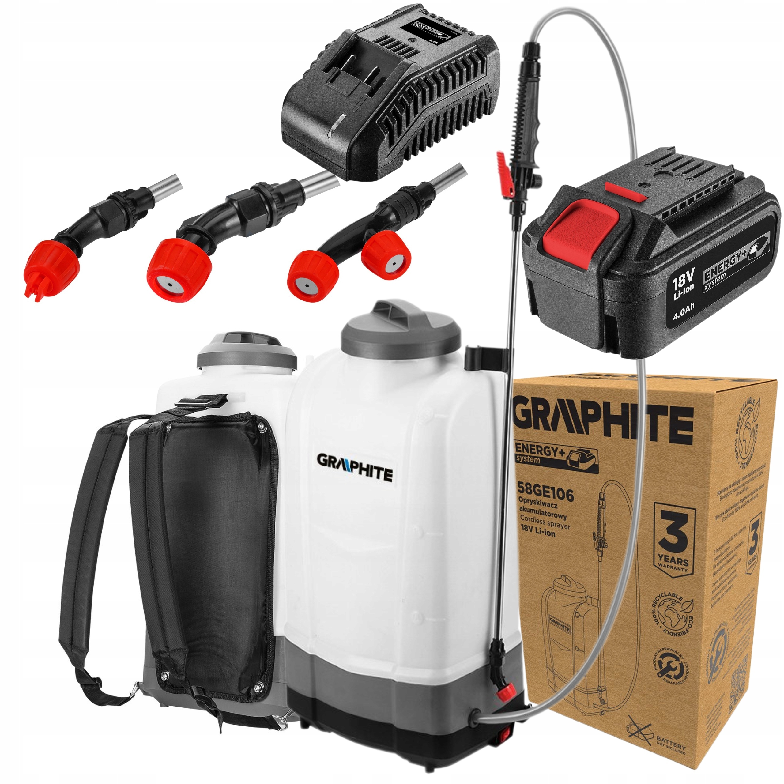 GRAPHITE OPRYSKIWACZ PLECAKOWY AKUMULATOROWY ELEKTRYCZNY 15L 18V+DYSZE 6Ah