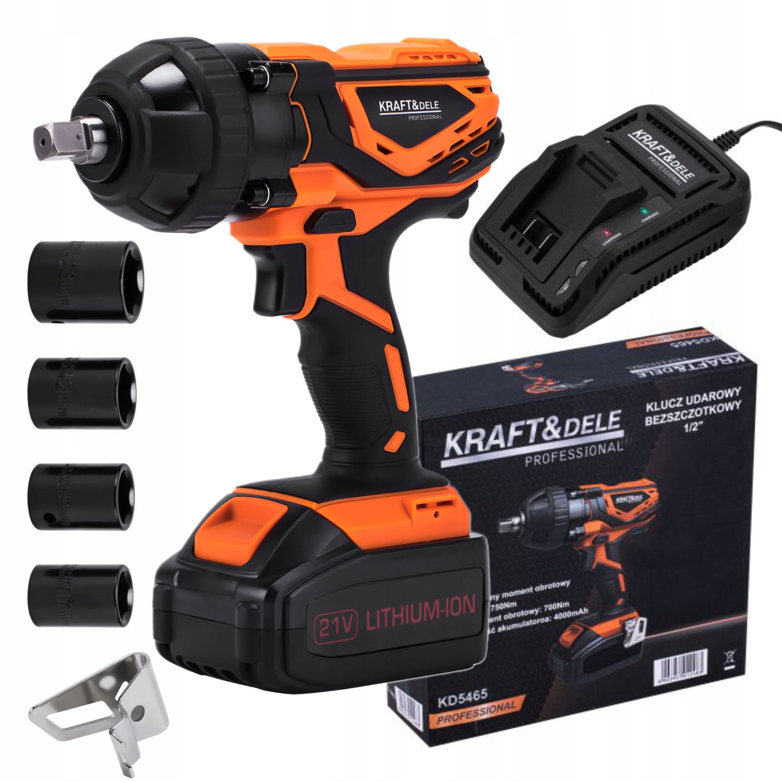 KRAFT&DELE KLUCZ UDAROWY BEZSZCZOTKOWY 1/2" + 4Ah AKUMULATOR 21V KD5465