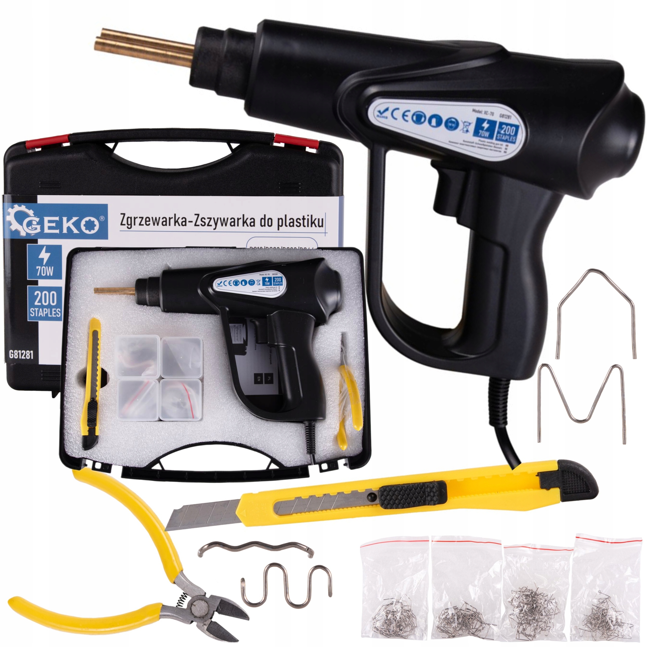 GEKO ZGRZEWARKA-ZSZYWARKA DO PLASTIKU 70W 200 ZSZYWEK WALIZKA +OSP G81281
