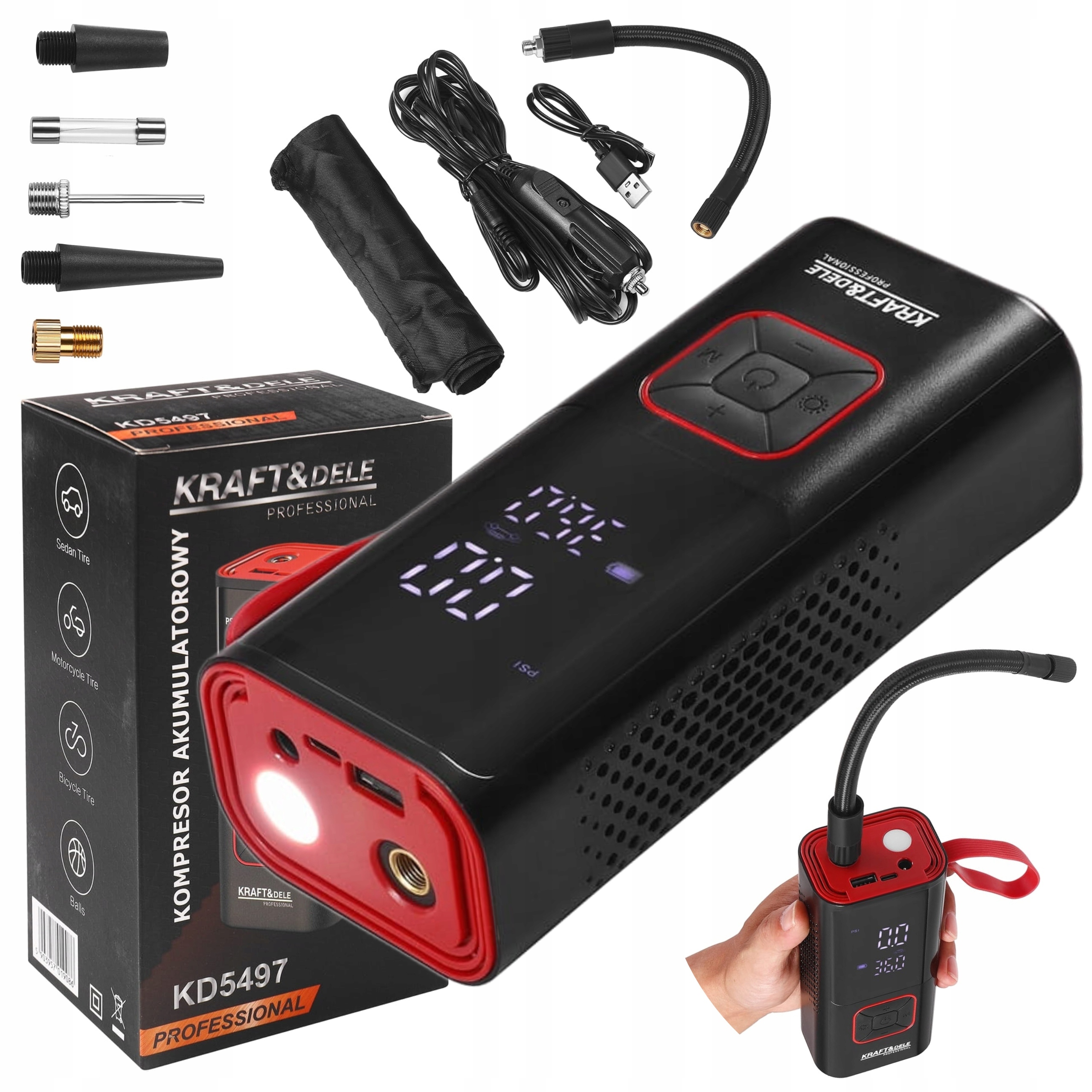 KOMPRESOR AKUMULATOROWY 85W 7800mAh SAMOCHODOWY SPRĘŻARKA POMPKA KD5497