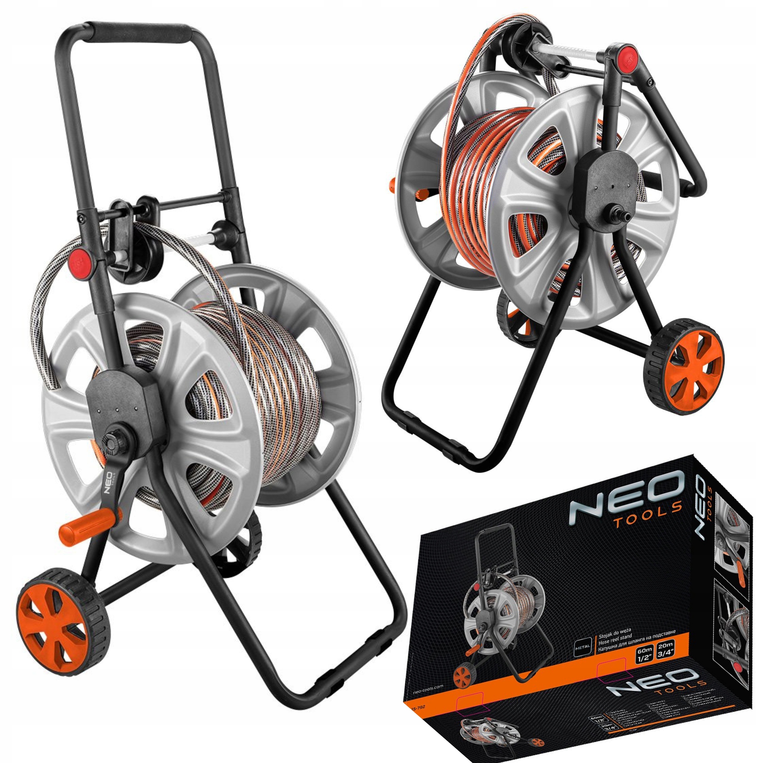 NEO WÓZEK NA WĄŻ OGRODOWY METALOWY DO 60m 1/2" +PROWADNICA WĘŻA 15-792