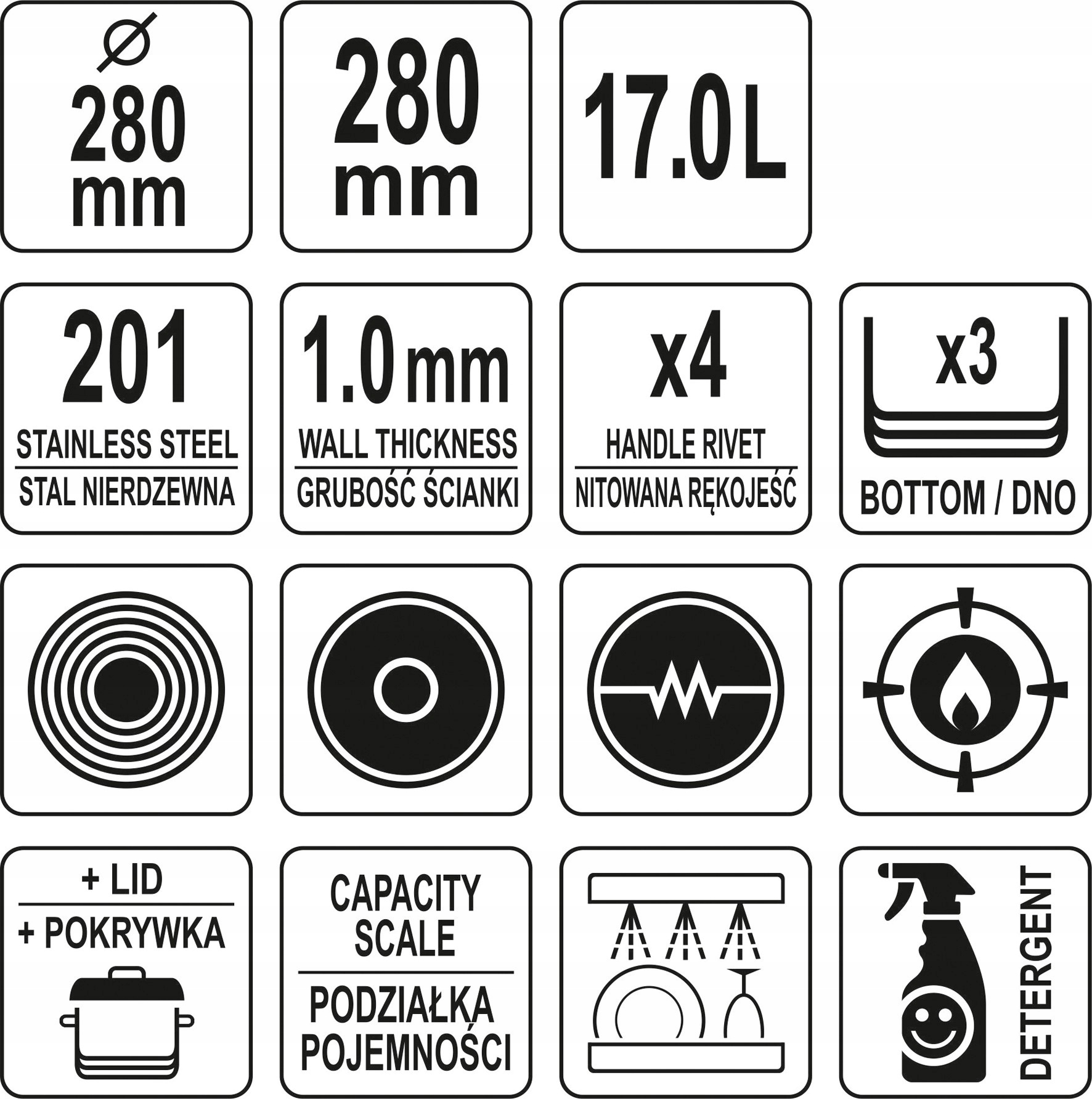 YATO GARNEK WYSOKI 17L INDUKCJA Z POKRYWKĄ 28x28cm STAL NIERDZEWNA YG-00013
