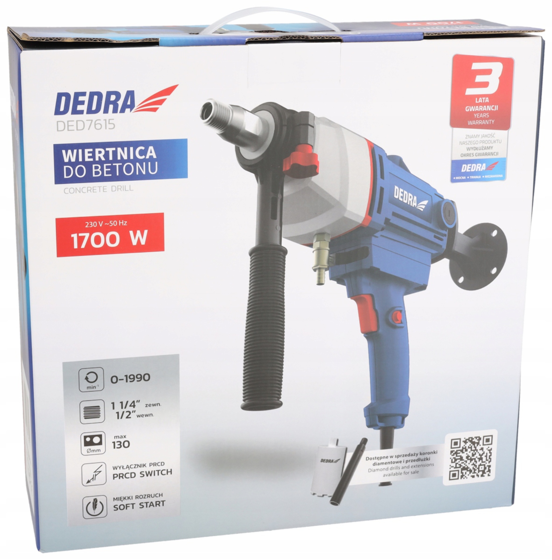DEDRA WIERTNICA DO BETONU 1700W 130MM 1 1/4" OTWORNICA KAMIENIA SOFT START