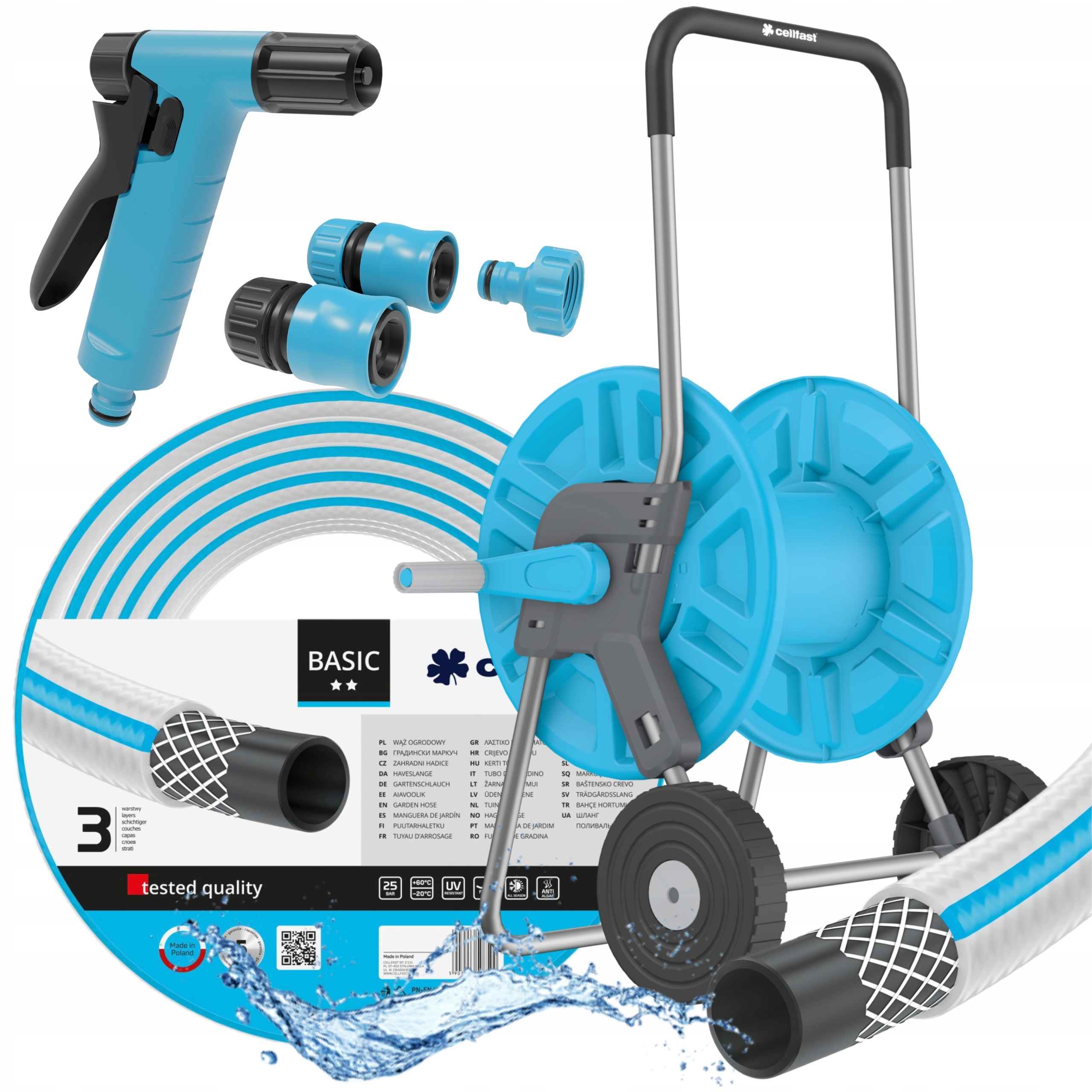 ZESTAW CELLFAST WÓZEK +WĄŻ OGRODOWY 3 WARSTW 3/4" 30M +ZRASZACZ +3xZŁĄCZKA