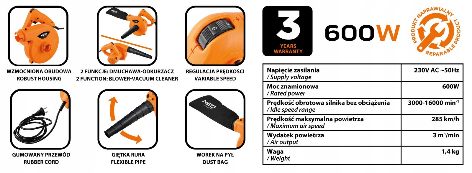 NEO DMUCHAWA ODKURZACZ 2w1 600W ELEKTRYCZNY REGULACJA + WOREK 0,6L 04-625