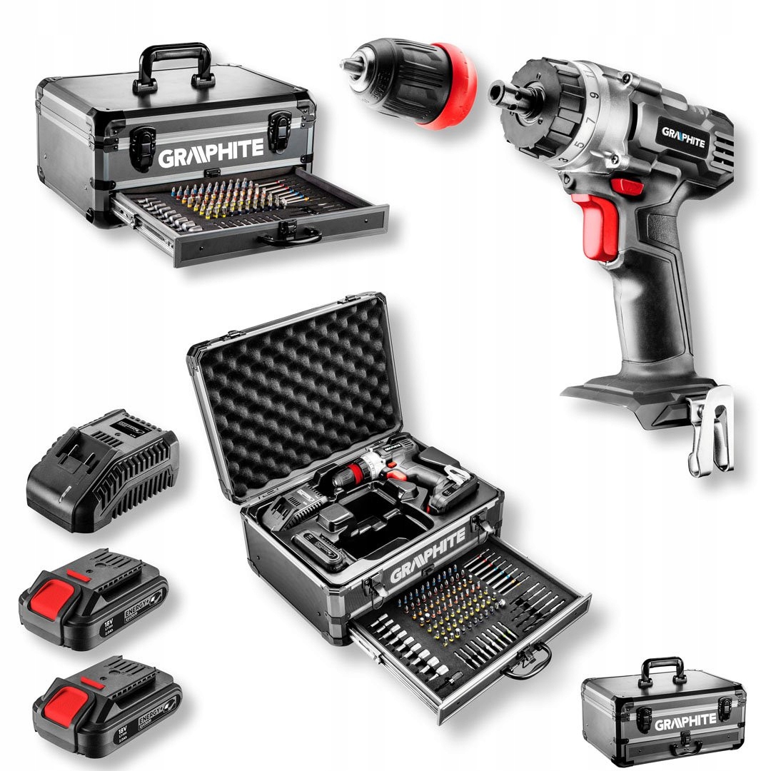GRAPHITE ZESTAW WIERTARKO WKRĘTARKA 2x2ah 18V 10mm UCHWYT +109el WALIZKA