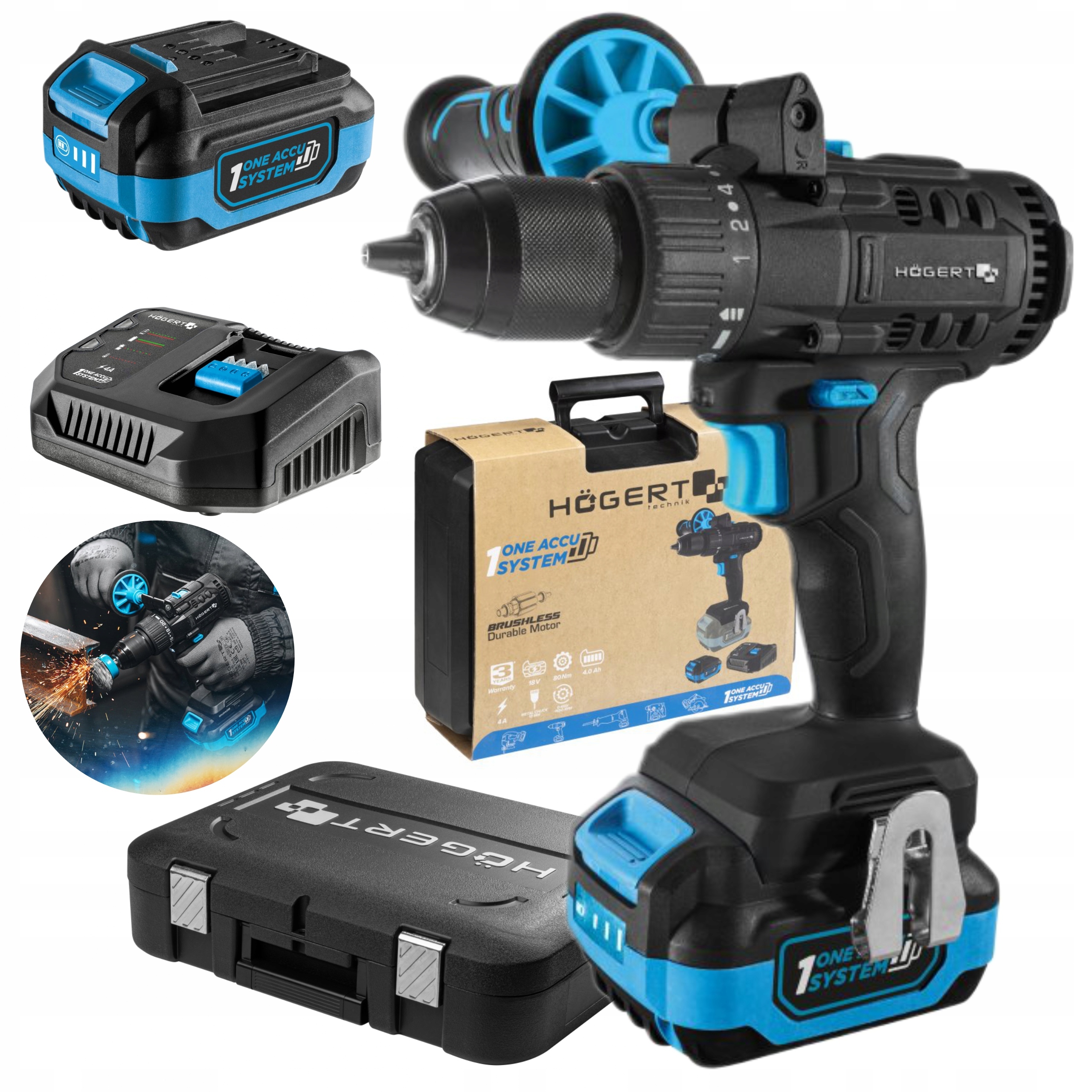 HOEGERT ZESTAW WIERTARKO WKRĘTARKA 80NM 4Ah AKUMULATOR 18V WALIZKA HT2E246