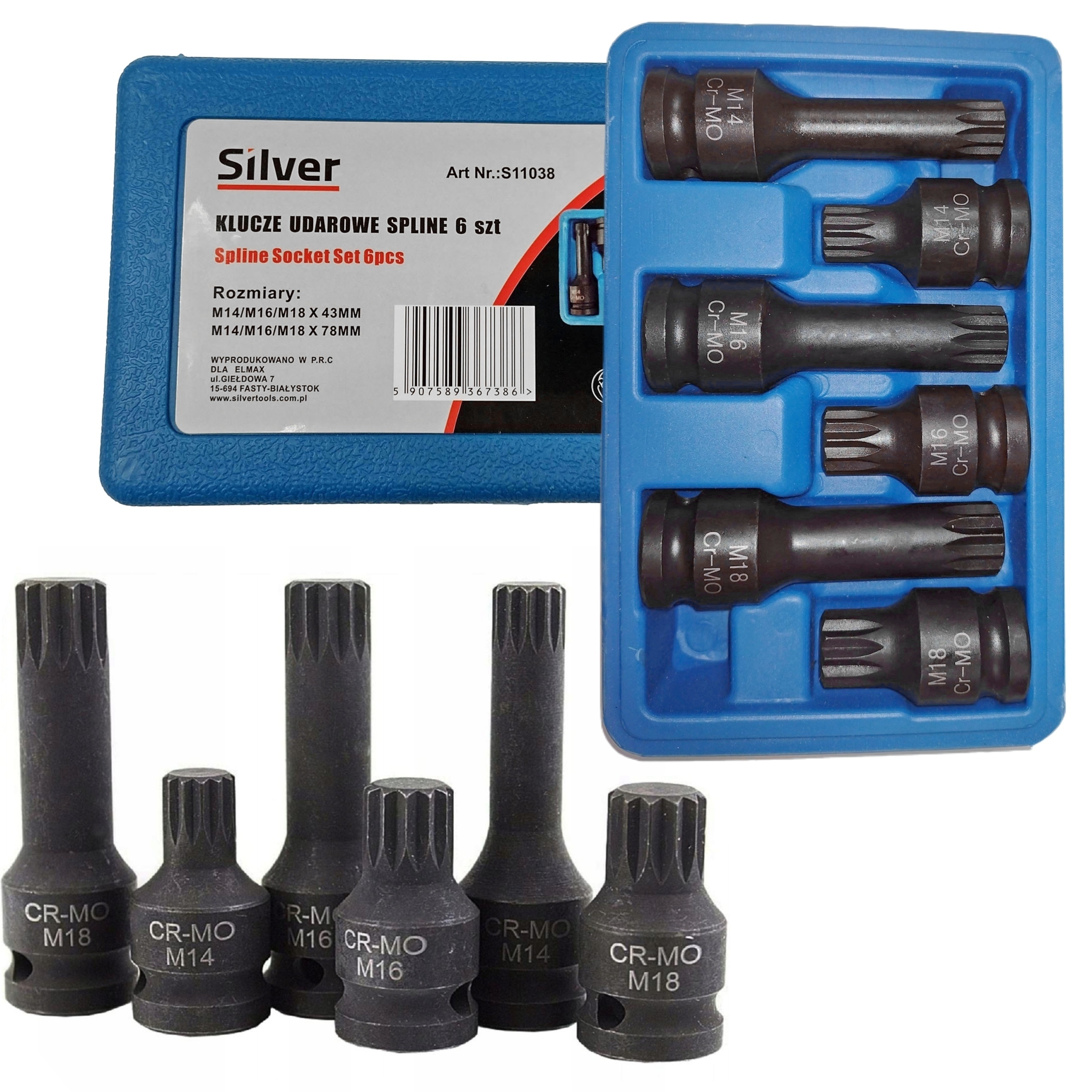 KLUCZE UDAROWE 1/2 SPLINE M14 M16 M18 6SZT KWADRAT 43/78mm SILVER S11038