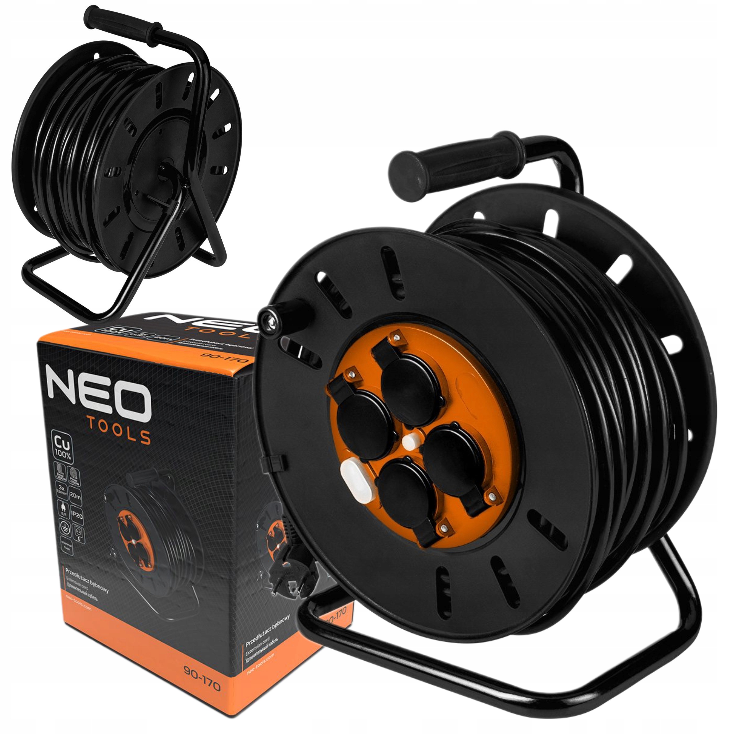 NEO TOOLS PRZEDŁUŻACZ BĘBNOWY 20M 3x1.5mm2 IP44 E/F DO 3200W 4 GNIAZDA