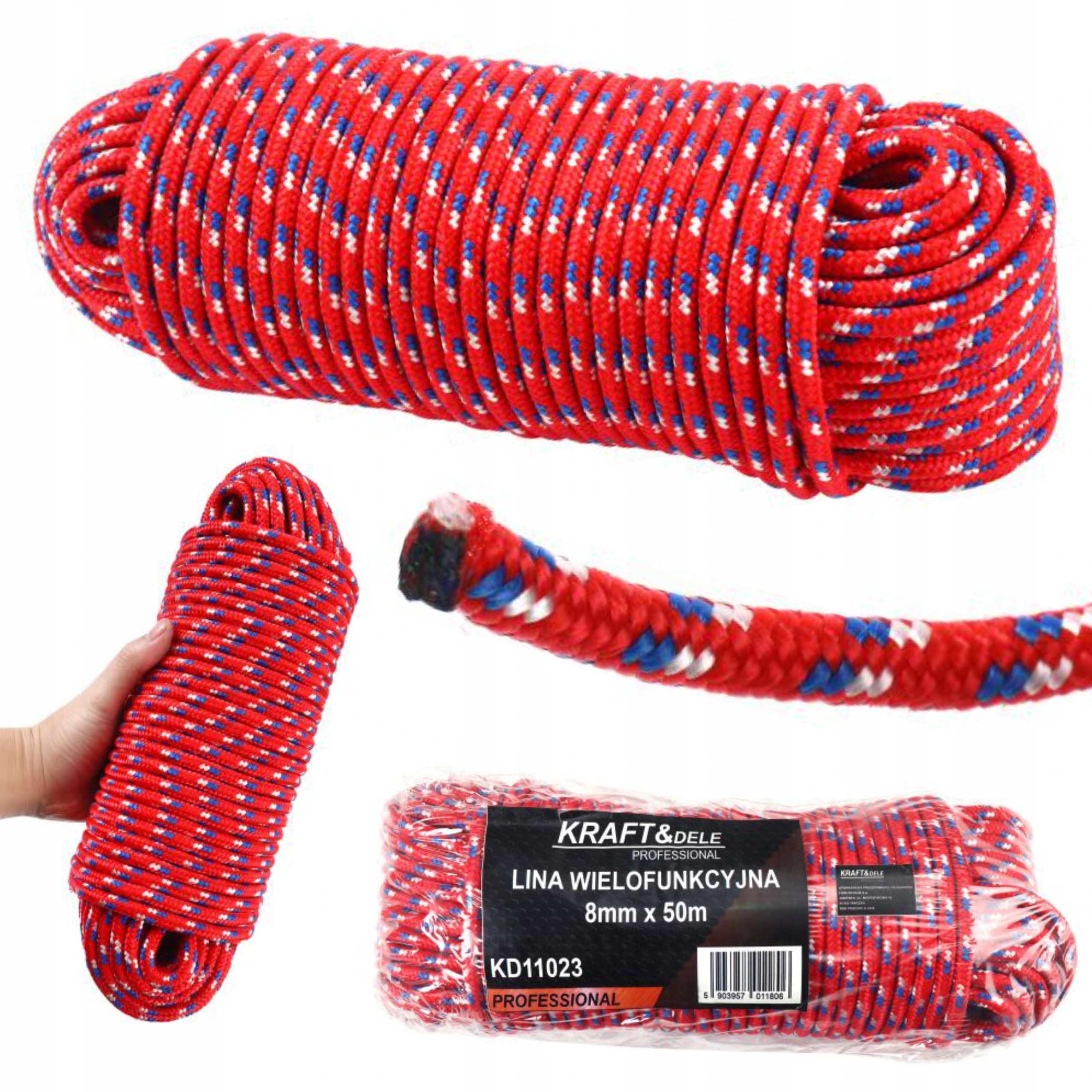 KRAFT&DELE LINA WIELOFUNKCYJNA 8MM x 50M CZERWONA POLIPROPYLEN KD11023