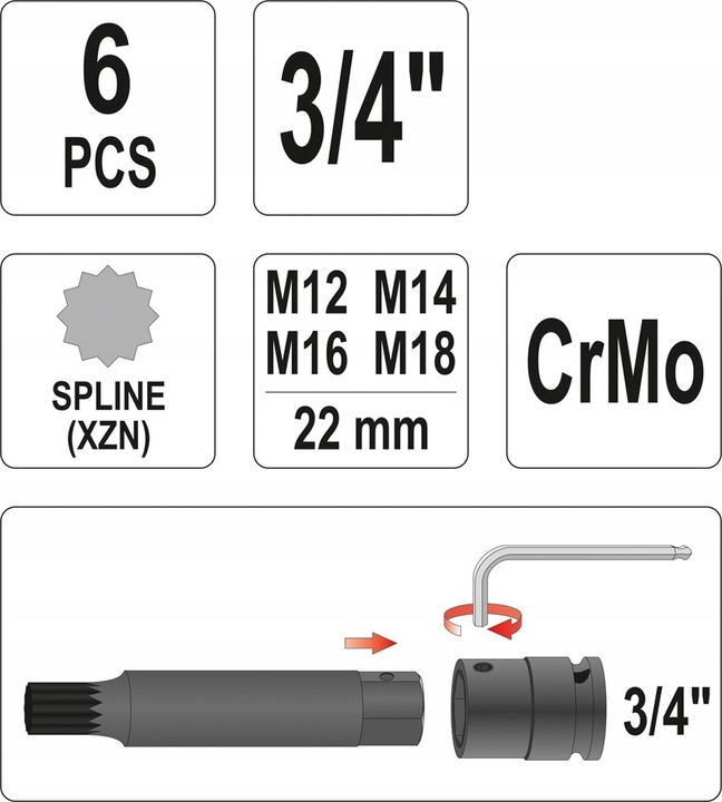 YATO YT-1157 ZESTAW BITÓW UDAROWYCH spline 3/4''