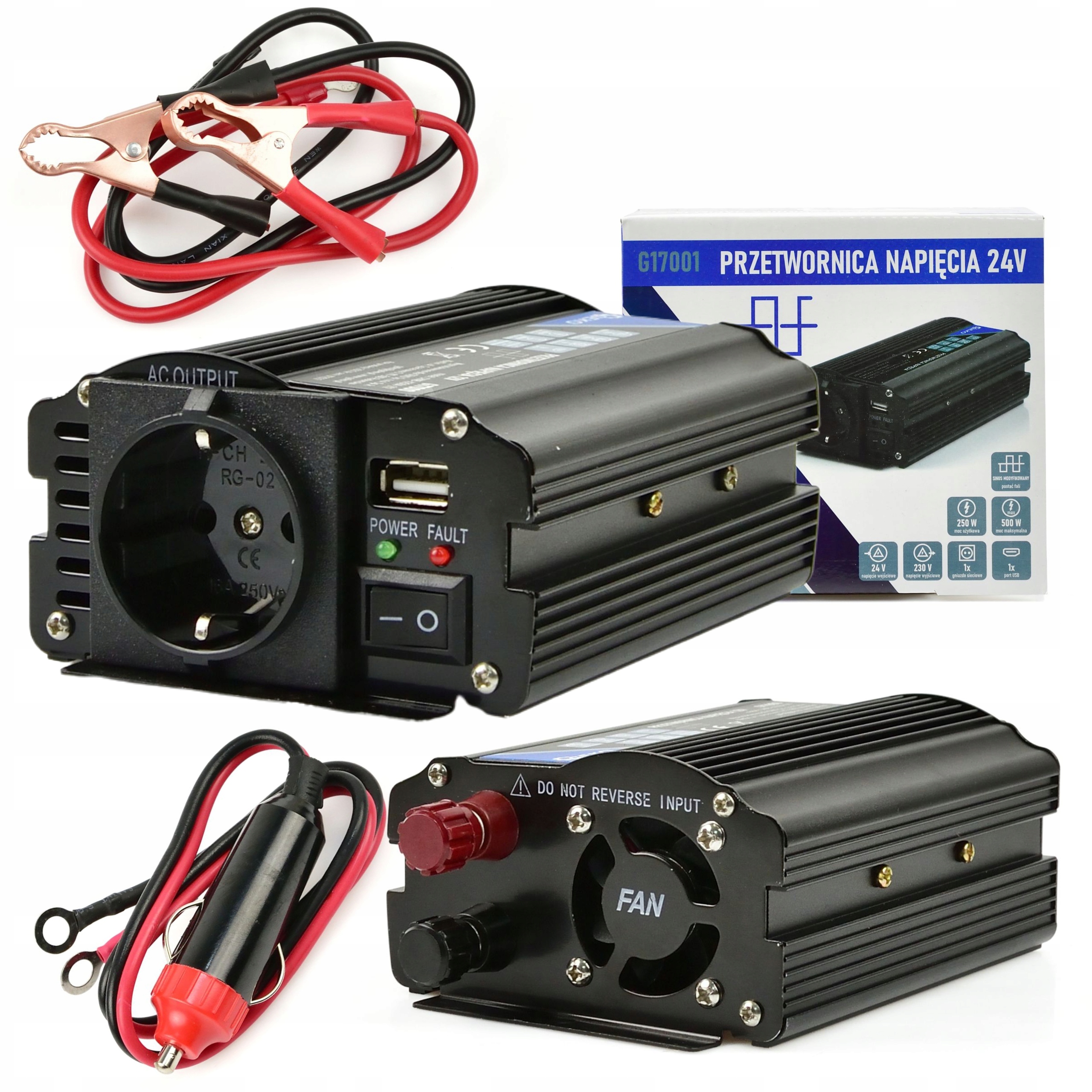 PRZETWORNICA SAMOCHODOWA 24V 230V 250W/500W USB