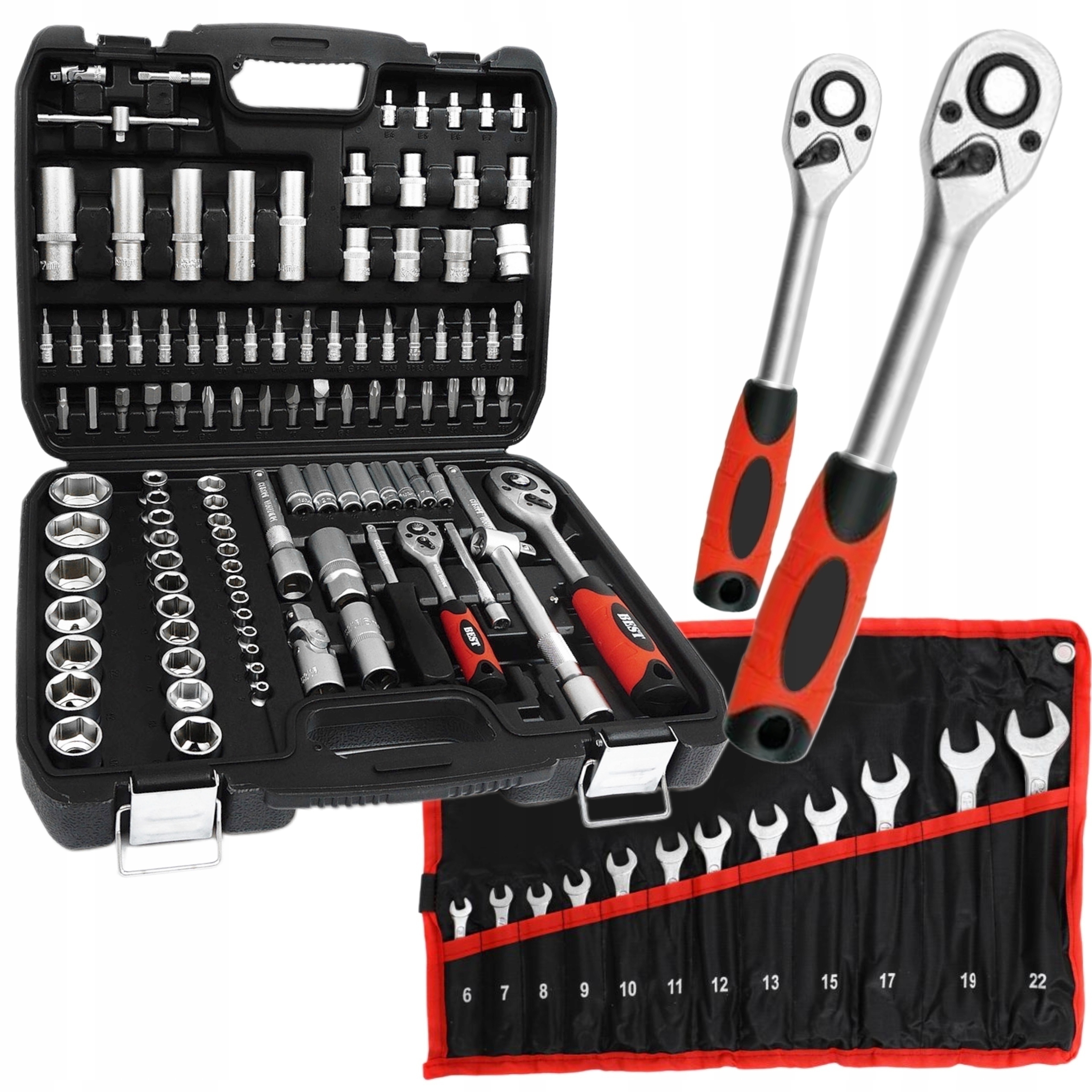 ZESTAW NARZĘDZIOWY 108el KLUCZY KLUCZE NASADOWE + PŁASKO OCZKOWE 6-22mm 12e