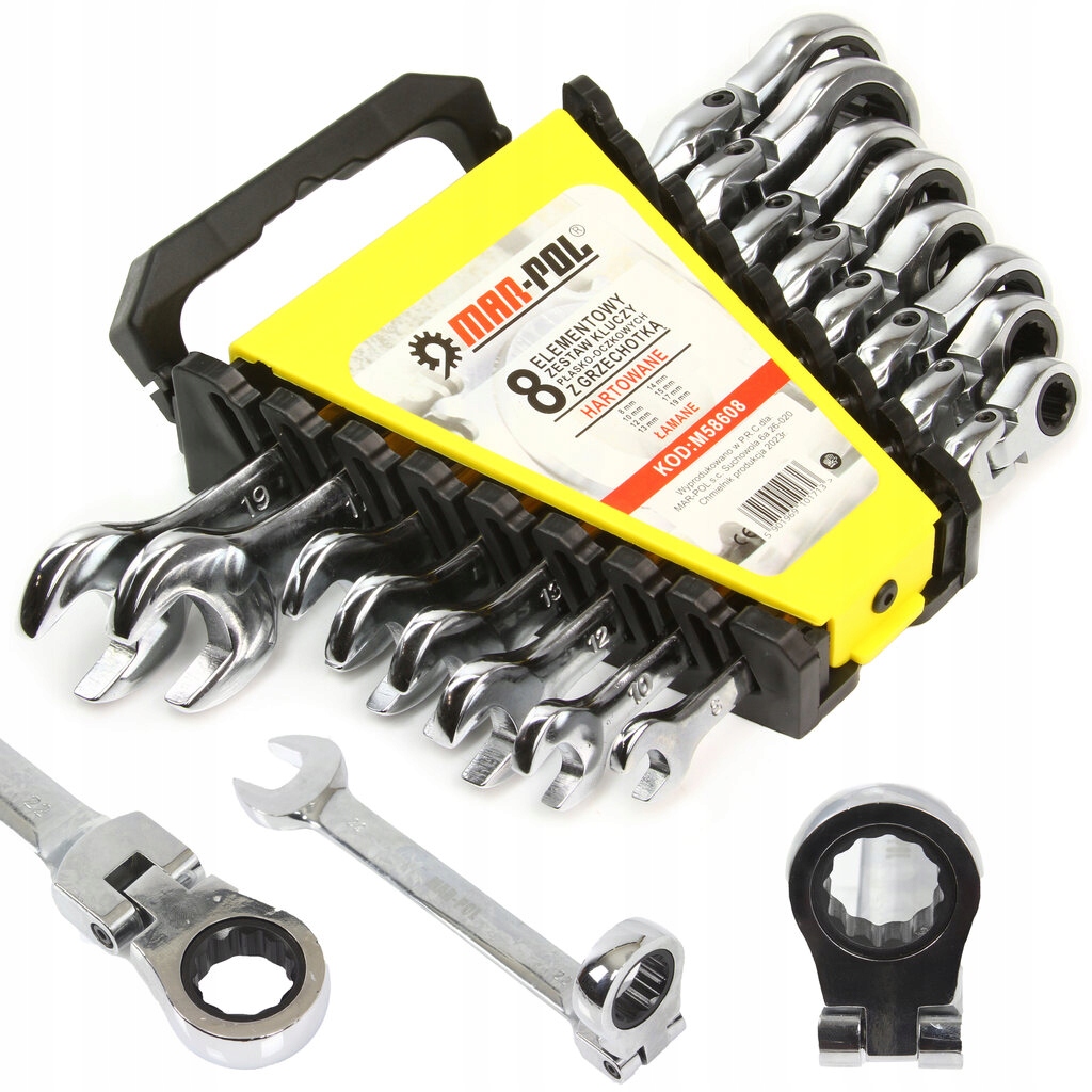 KLUCZE PŁASKO OCZKOWE Z GRZECHOTKĄ ŁAMANE 8-19MM 8 SZT. PRZEGUBOWE M58608
