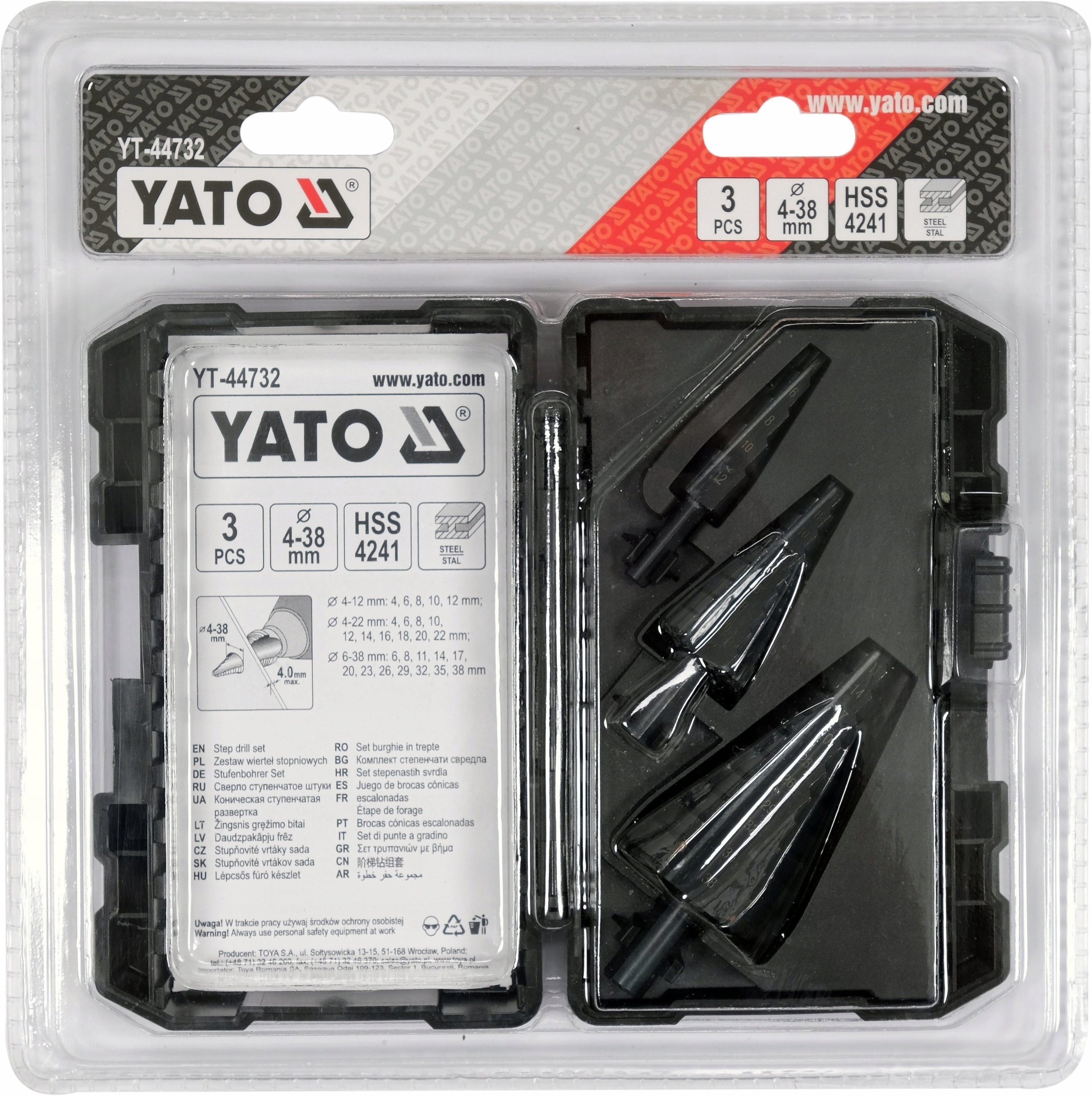 YATO ZESTAW WIERTEŁ STOPNIOWYCH STOŻKOWYCH HSS4241 DO METALU 3SZT. 4-38mm