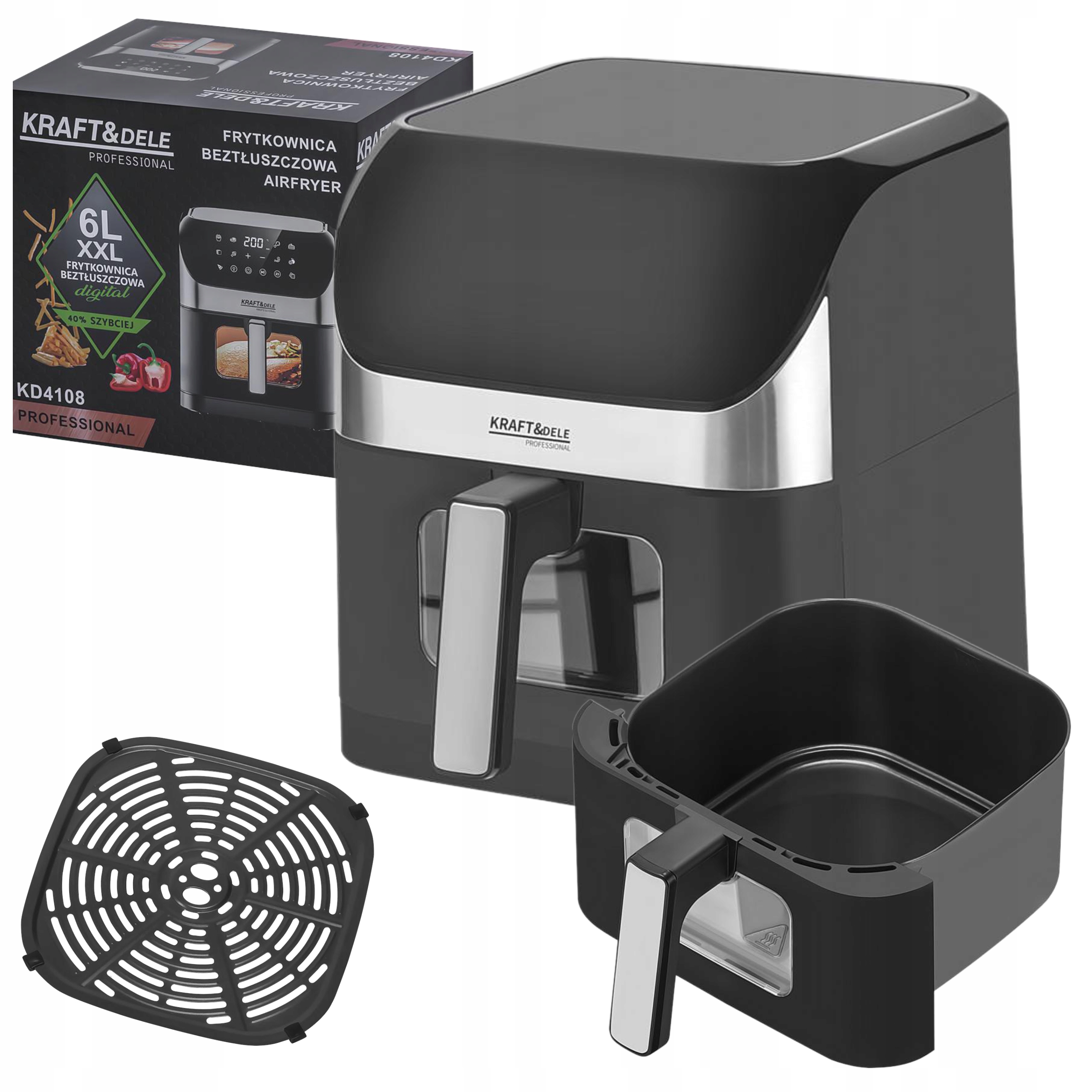 FRYTKOWNICA BEZTŁUSZCZOWA AIRFRYER 6L 2000W 80–200C LED DUŻY WSAD XXXL