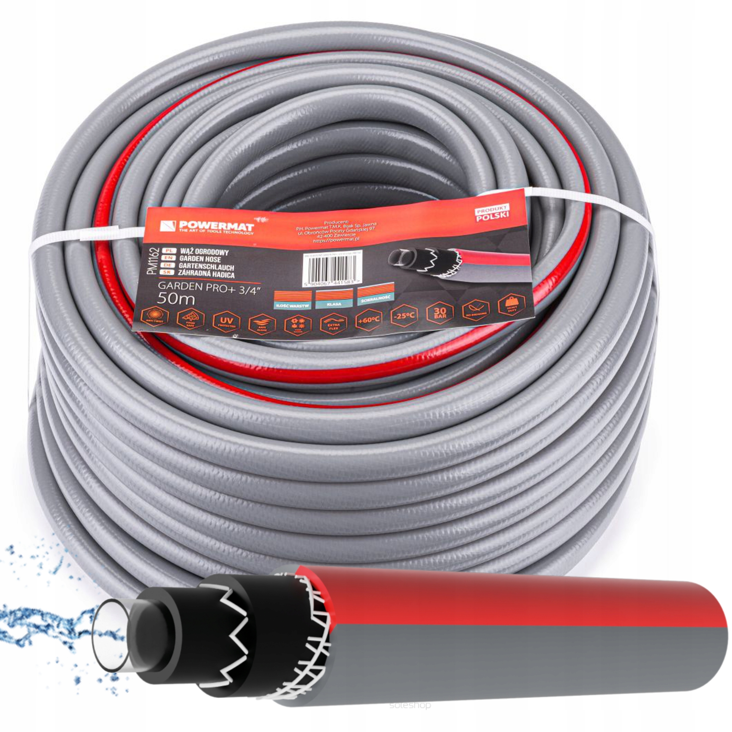 WĄŻ OGRODOWY ZBROJONY 6-WARSTWOWY 30BAR 3/4'' 50M DO WODY PRODUKT POLSKI