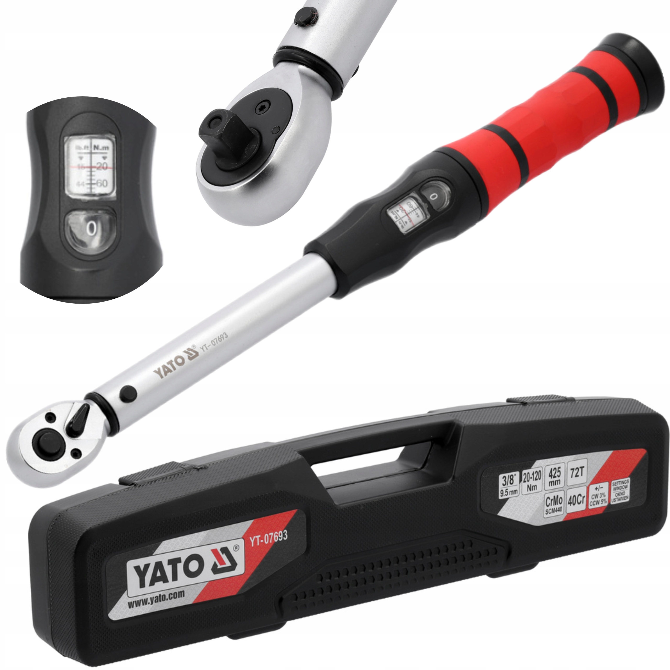 YATO KLUCZ DYNAMOMETRYCZNY 3/8" Z OKNEM NASTAWCZYM ZAKRES 20-120NM YT-07693